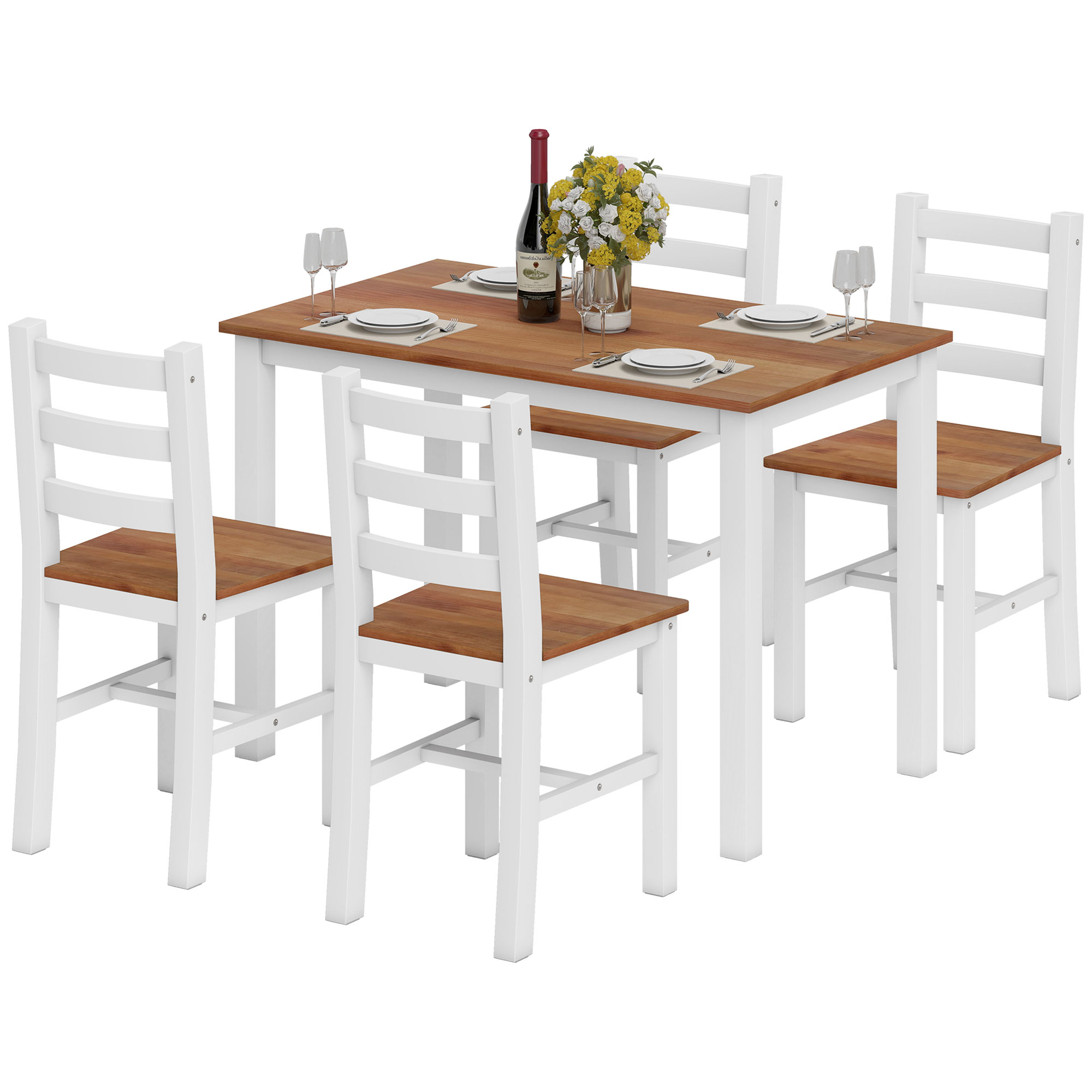 HOMCOM Essgruppe Esstisch mit 4 Stühlen Platzsparend Esszimmergruppe Sitzgruppe aus Kiefernholz Rechteckig Küchentisch für Esszimmer, Küche, Braun+Weiß   Aosom