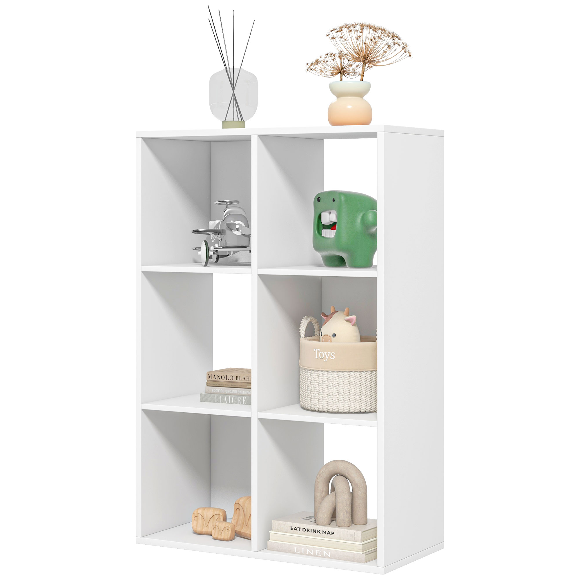 HOMCOM Weißes Bücherregal für Zuhause und Büro, Modernes Bücherregal mit Designregal, 6 Holzfächer, geräumig, Rechteckig, 61,5x29,5x91,5 cm, Weiß   Aosom