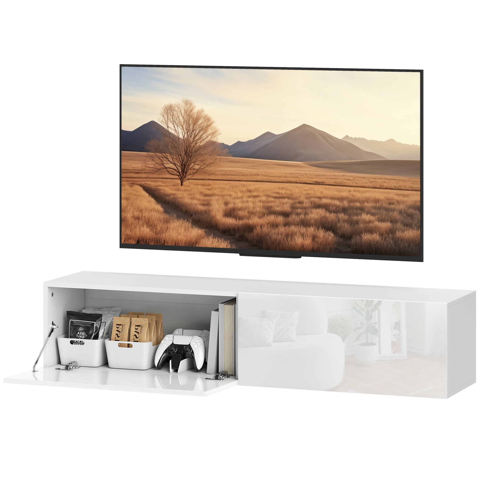 HOMCOM Schwebendes TV-Möbel für Fernseher bis zu 45 55 65 Zoll mit 2 Türen, schwebende TV-Bank für Wohnzimmer Schlafzimmer, 140 x 33 x 29,8 cm, weiß Aosom