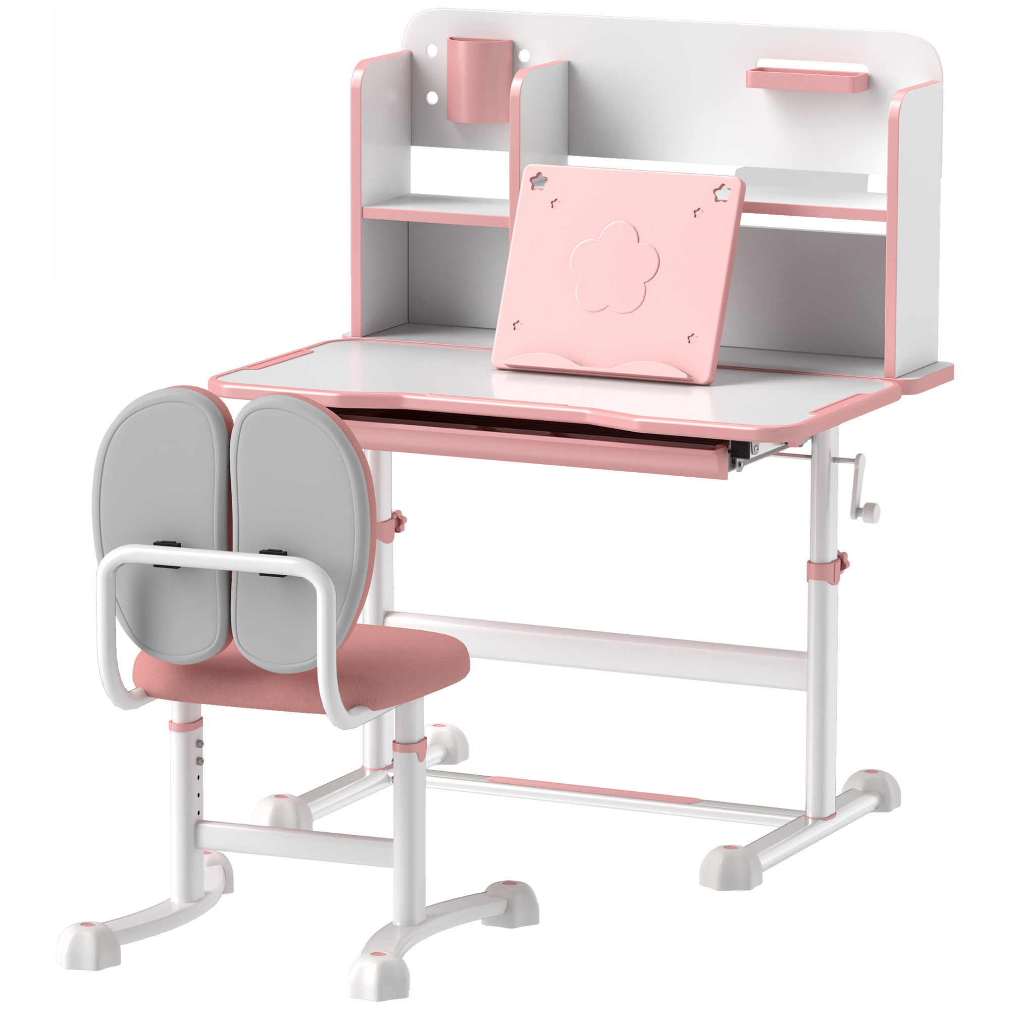 AIYAPLAY Set Schreibtisch und Stuhl für Kinder 3-12 Jahre Höhenverstellbar, Schulbank mit 45° Neigbarem Tisch, Schublade, Bücherregal, Stifthalter und Buchstütze, aus Stahl und MDF, Rosa Aosom