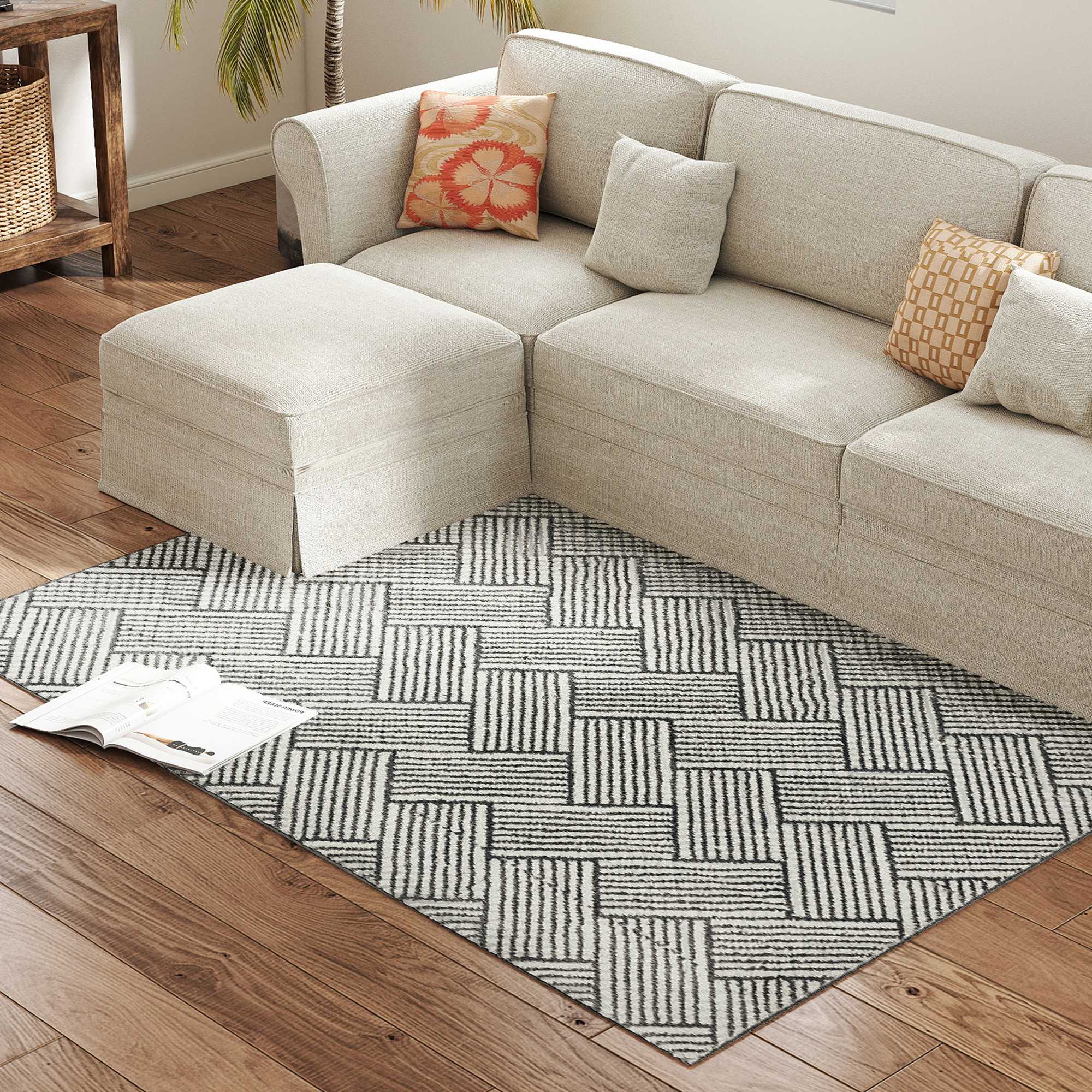 HOMCOM Teppich Wohnzimmer 170 x 120 cm Kurzflor Teppich, maschinenwaschbar, hypoallergen, für Wohnzimmer, Schlafzimmer, Büro, hellgrau   Aosom