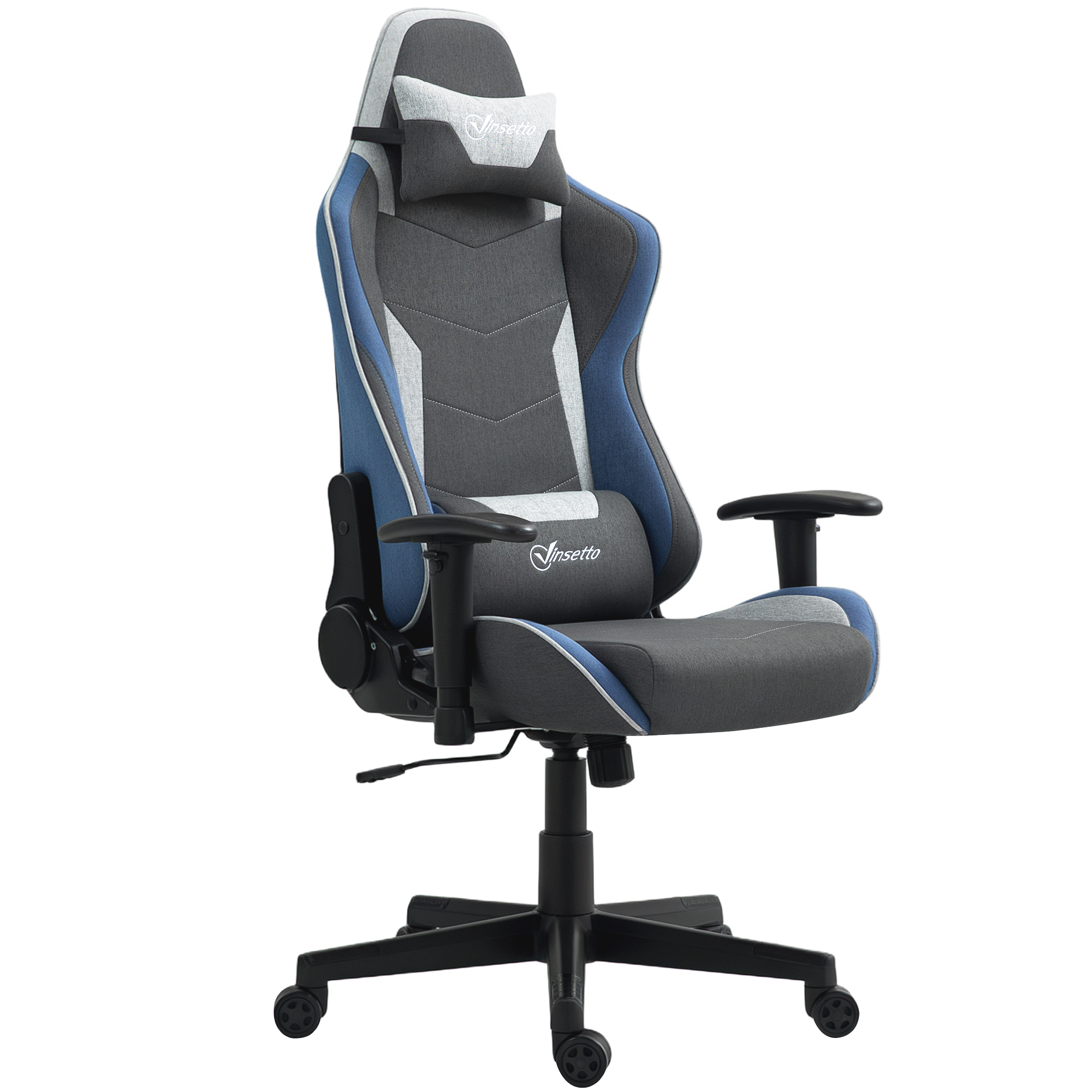 Vinsetto Ergonomischer Gaming-Stuhl mit Armlehnen, Kopfstütze und Höhenverstellung, Rezeptron-Gaming-Sessel, Liegestuhl im Leinen-Stoff mit Wippfunktion, Lordosenstütze, Blau   Aosom