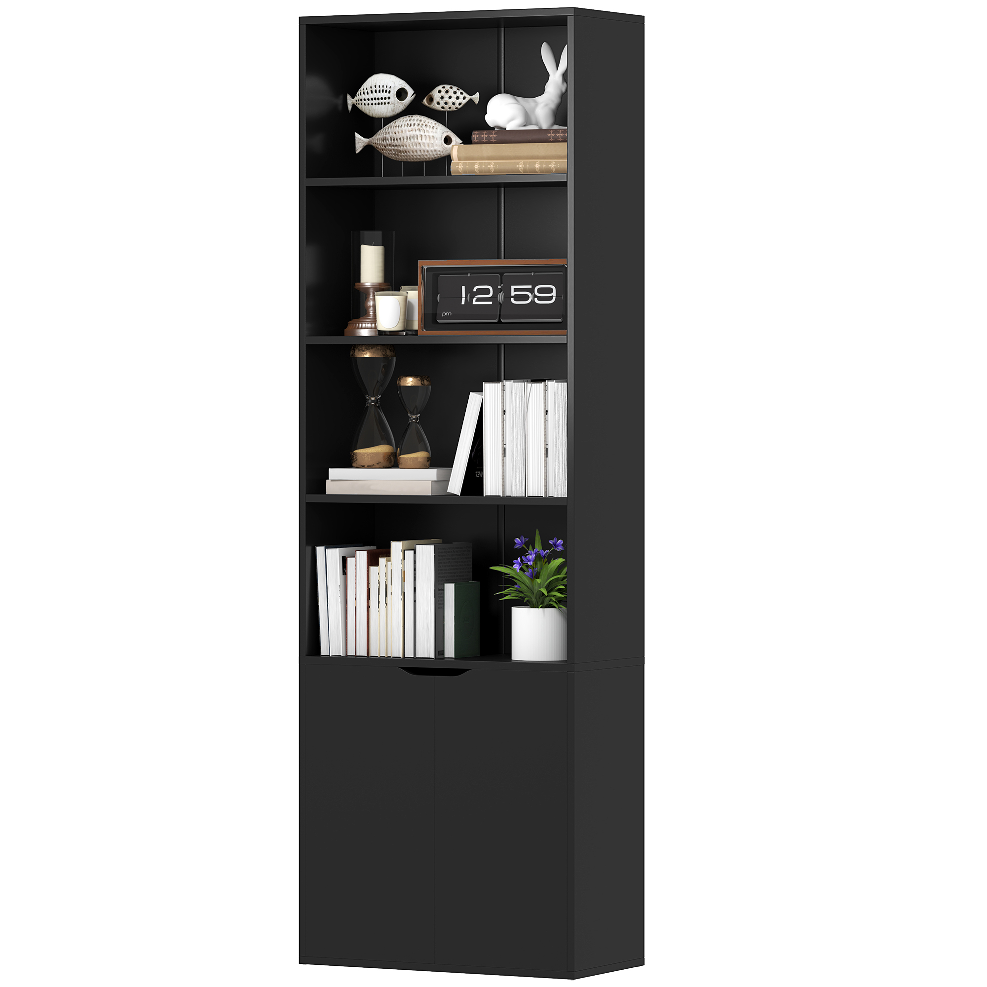 HOMCOM Bücherregal Aufbewahrungsregal Bücherregal mit 4 offenen Fächern und 2 Türen, Aufbewahrungsregal für Wohnzimmer, Schlafzimmer, Büro, 59 x 29 x 180 cm, Schwarz   Aosom