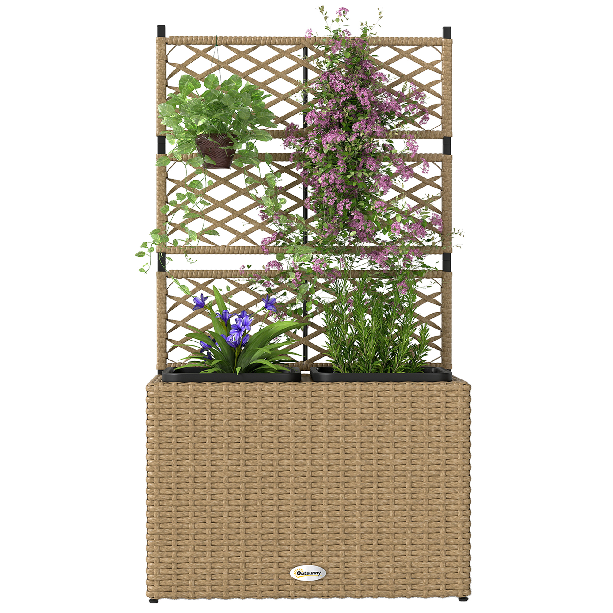 Outsunny Pflanzenkübel mit Rankgitter 2 Töpfe Pflanzgefäß Pflanzkasten 22L Garten Balkon Terrasse Außenbereich aus Polyrattan und Stahl 57 x 30 x 107 cm Sand   Aosom