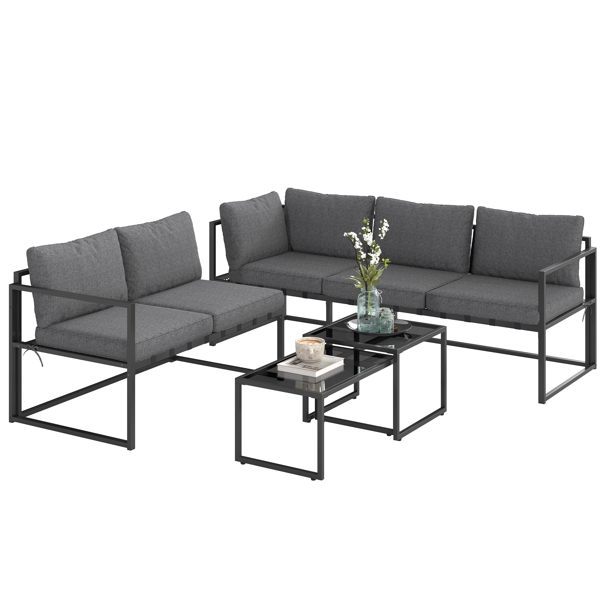 Outsunny Gartenmöbel-Set für den Außenbereich mit Dreisitzer-Sofa, Zweisitzer-Sofa und zwei Nesttischen aus Sicherheitsglas, inklusive Kissen, Gartenmöbel Terrasse Veranda, Grau   Aosom