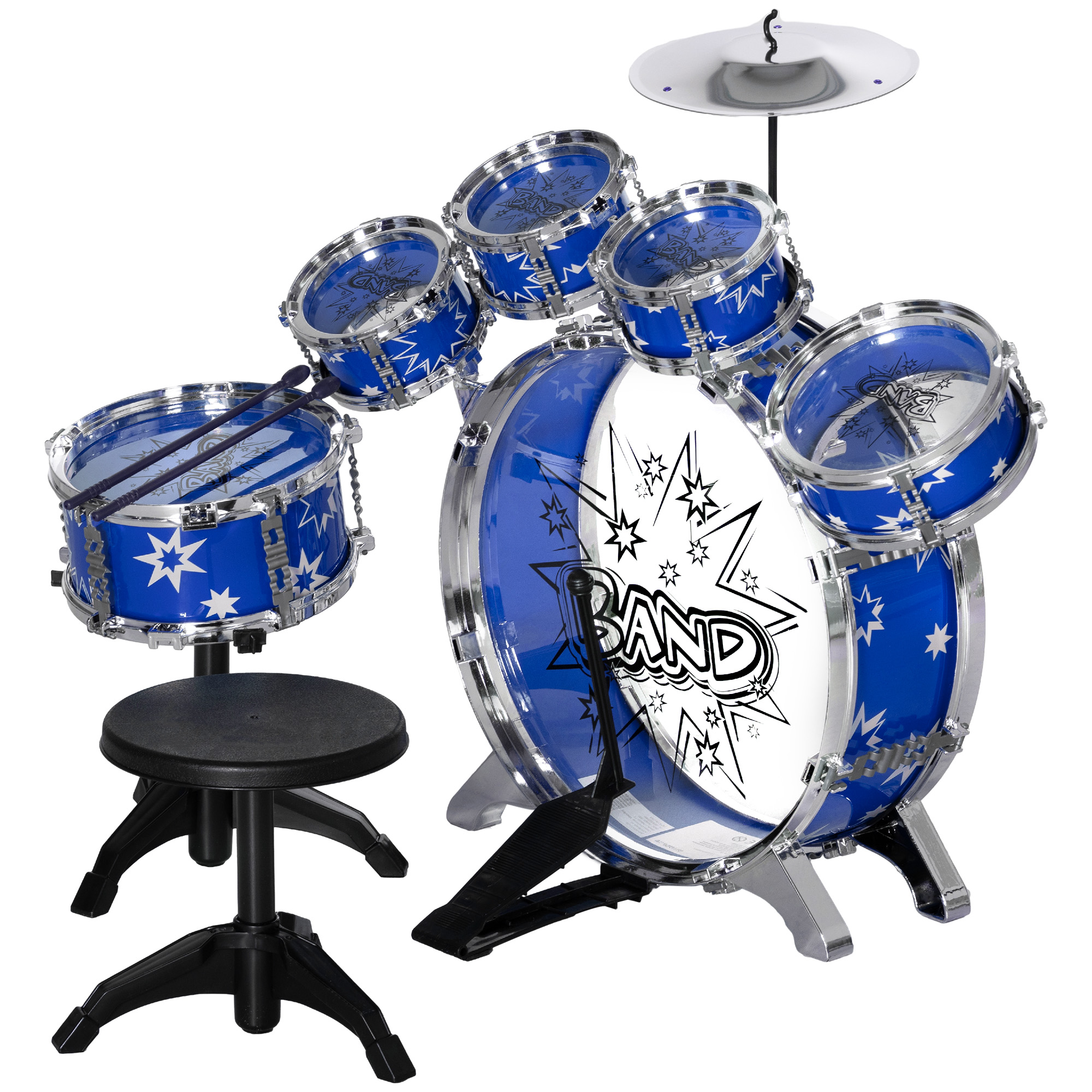 AIYAPLAY Set Schlagzeug für Kinder mit Bassdrum mit Pedal, mittleren und kleinen Trommeln, Becken und Hocker, Musikspielzeug für Kinder von 3-6 Jahren, Blau   Aosom