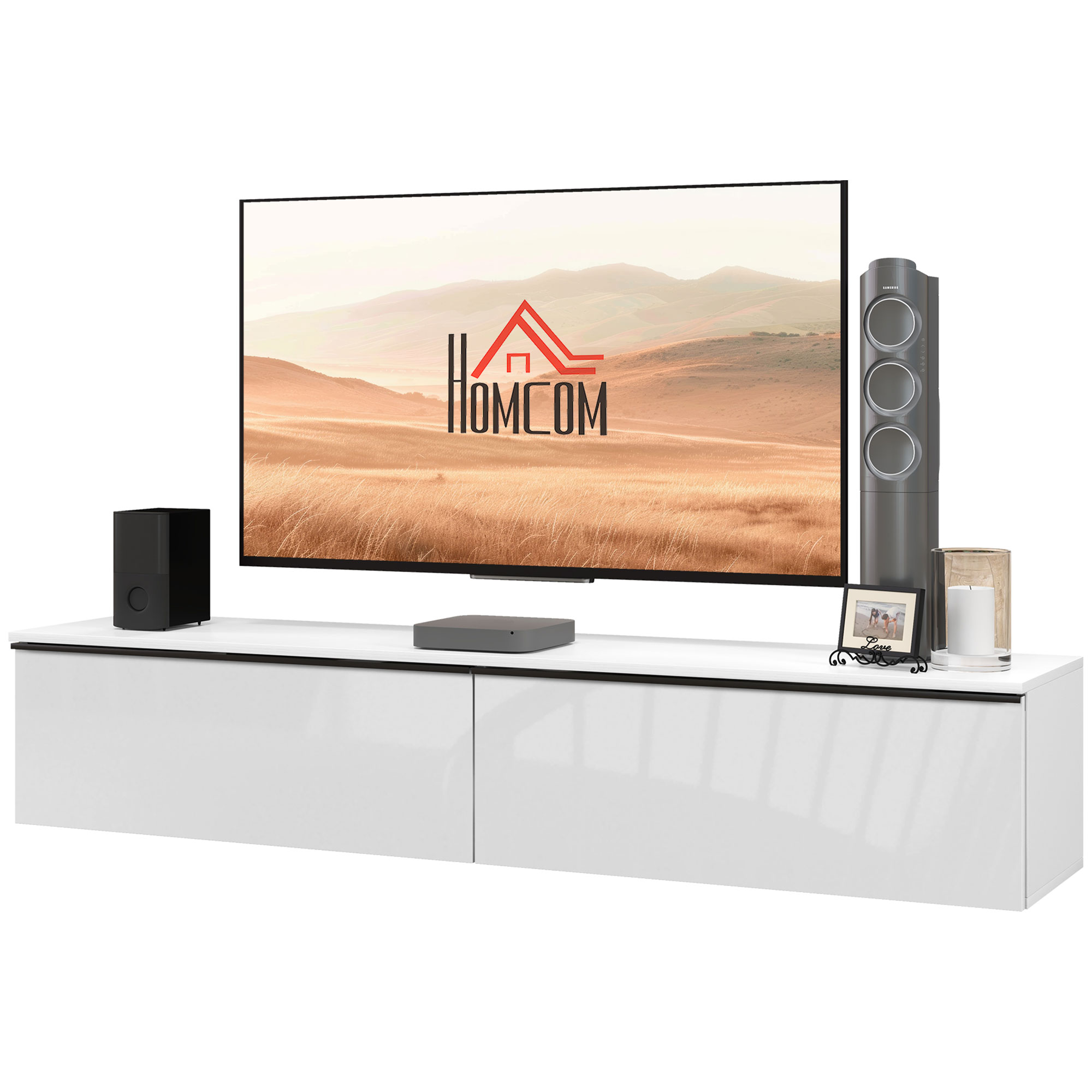 HOMCOM Wand-TV-Möbel, TV-Wandhalterung aus Holz, schwebendes TV-Bank für Fernseher bis 70 Zoll mit glänzender Effekttür, für Wohnzimmer-Schlafzimmer, 160 x 35 x 30 cm, Weiß Aosom