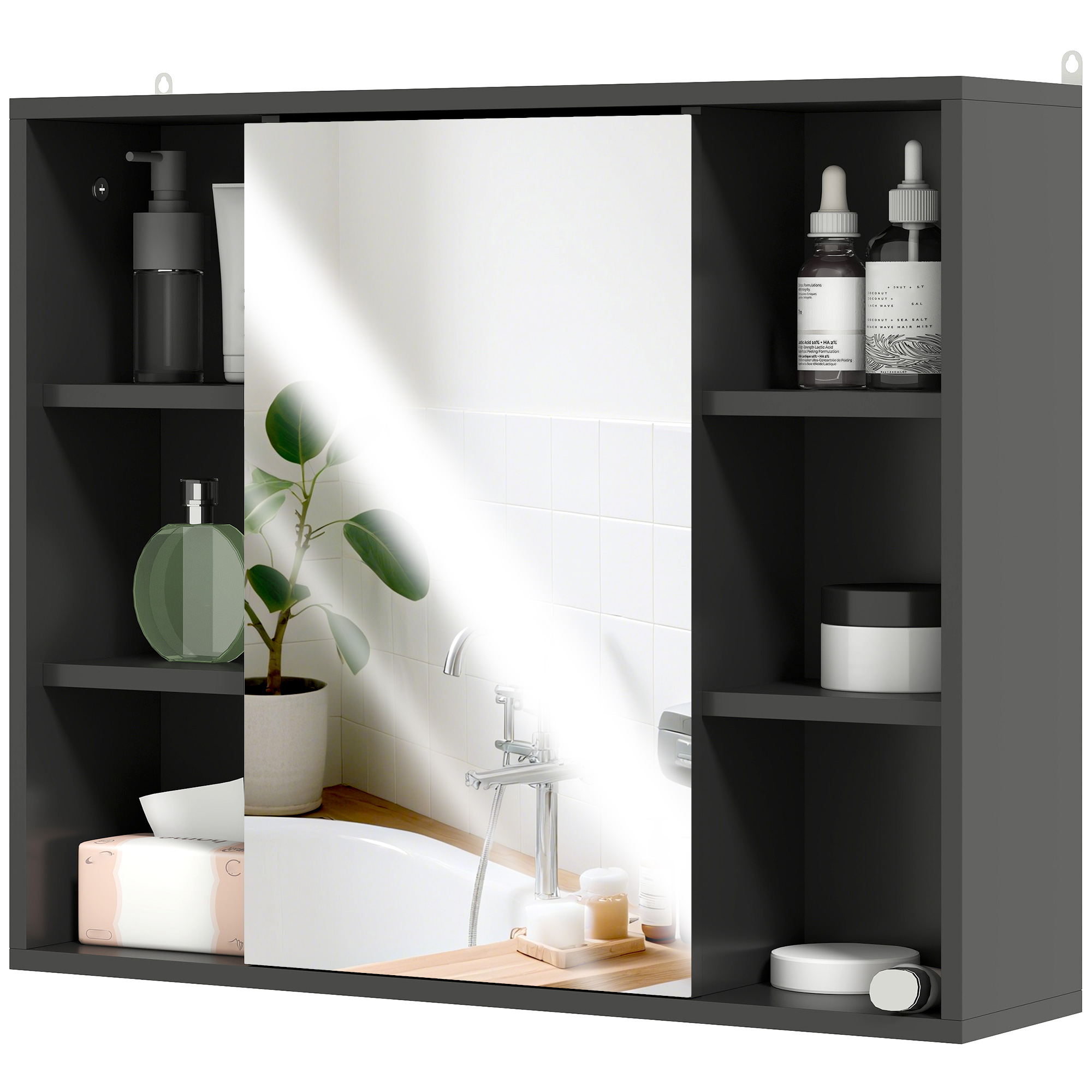 HOMCOM Wandspiegel, Badezimmerschrank mit Spiegel, Badezimmerspiegel mit Aufbewahrung, Schrank mit Türen und 6 offenen Fächern, 60 x 14,5 x 49,4 cm, Schwarz   Aosom