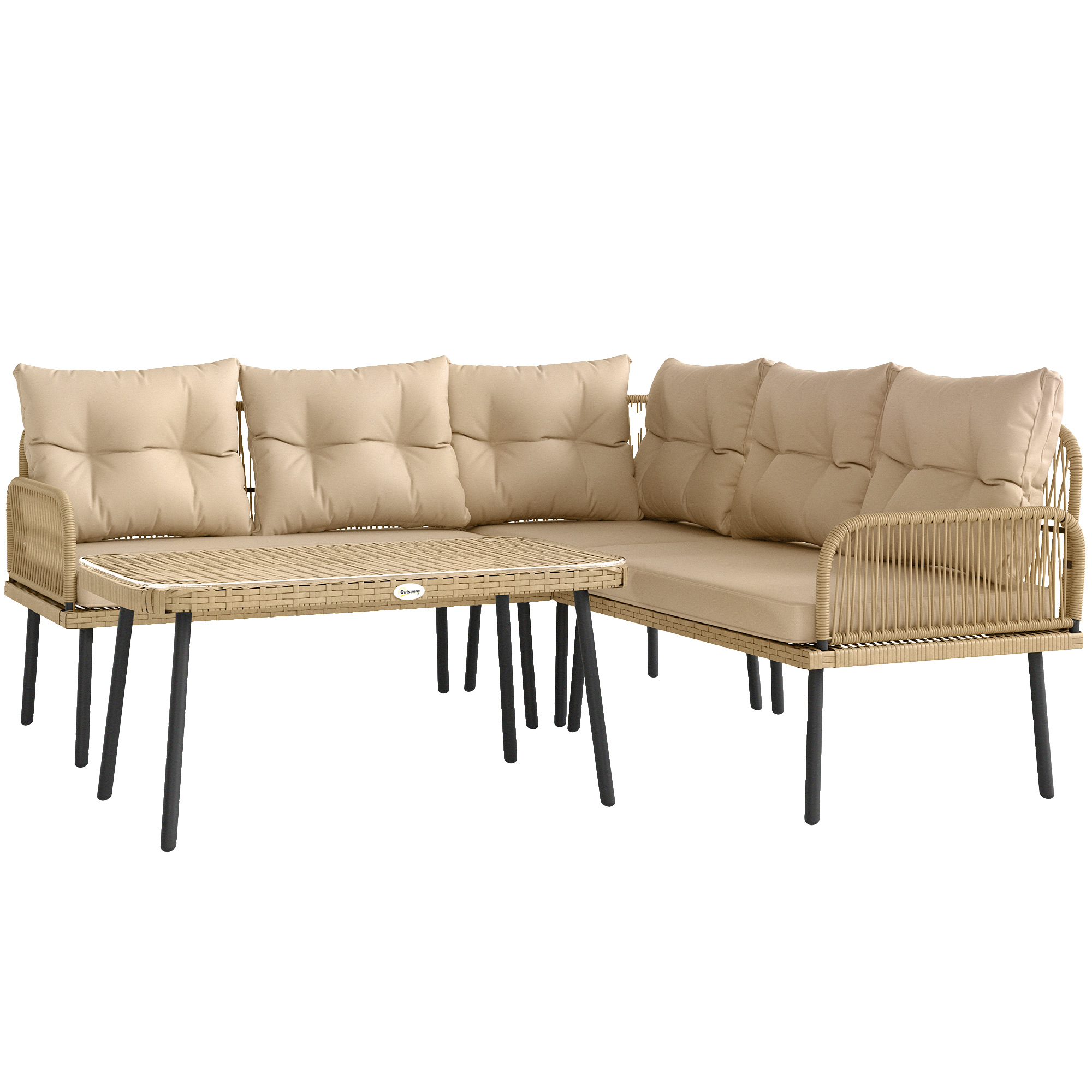 Outsunny Gartenmöbel-Set aus Polyrattan für den Außenbereich für 5 Personen mit 2-Sitzer-Sofas, Eckstuhl, Glastisch und Kissen inklusive, Gartenmöbel für Balkon, Terrasse, Veranda, Naturholz   Aosom