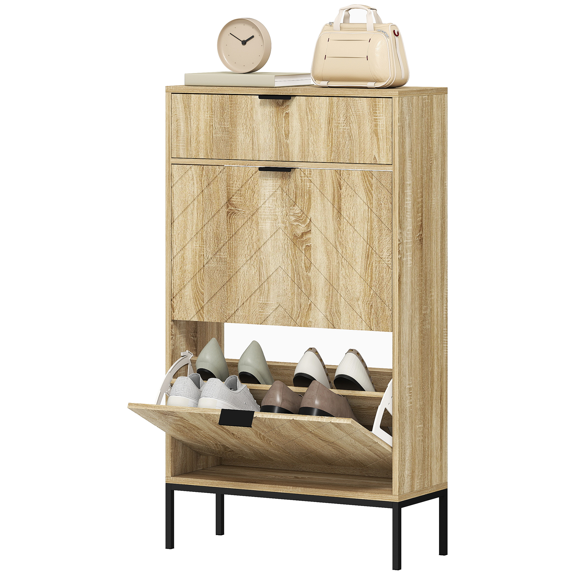 HOMCOM Schuhschrank für 8 Paare, schmaler Schuhschrank, Eingangsmöbel mit herausziehbarer Schublade, 2 klappbare Schubladen und verstellbare Regale, für Flur und Eingang, 60x24x105,5cm, Eiche Aosom