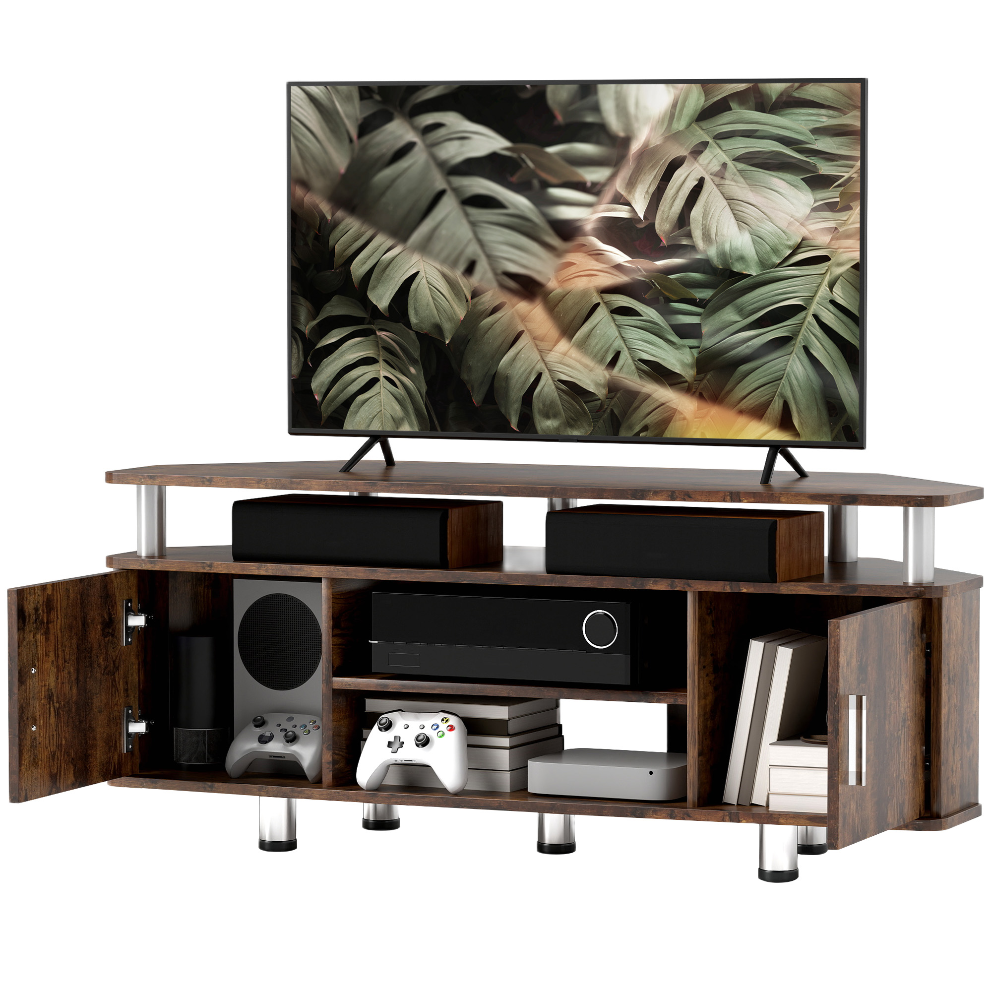 HOMCOM TV-Möbel TV-Ständer Holz TV-Bank für Fernseher bis zu 55 Zoll mit großem Regal, Schranktüren und offenem Fach für Wohnzimmer Schlafzimmer, 120 x 40 x 52 cm, braun Aosom