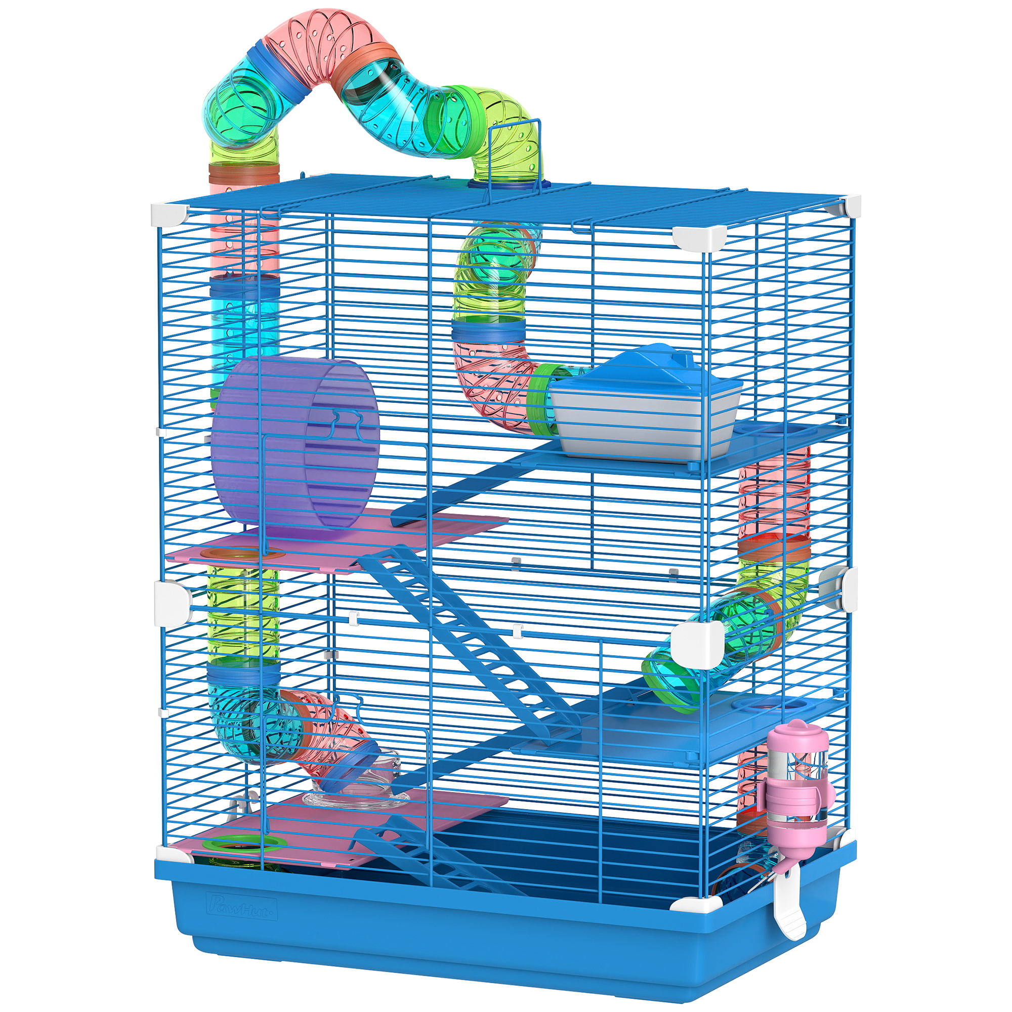 PawHut Käfig für Hamster Nagetiere 4 Etagen mit Tunneln Futtertrog Rad Häuschen Leitern 46 x 30 x 58 cm blau Aosom
