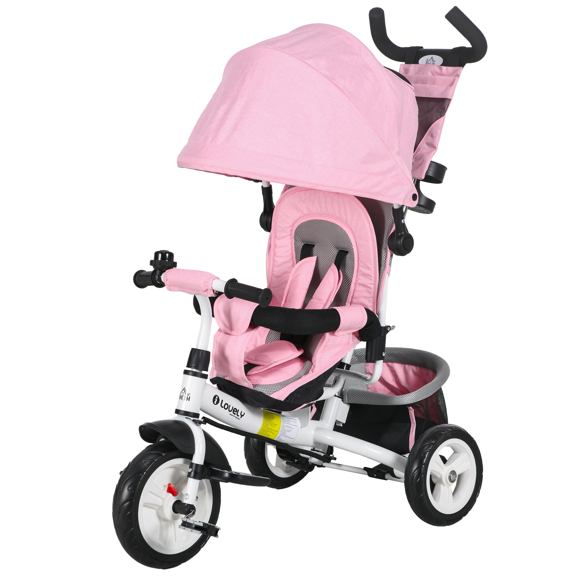 HOMCOM 6 in 1 Kinderdreirad 1-5 Jahre mit Lenker, verstellbarem Verdeck, Gurt und Korb, Kinderwagen-Dreirad aus Metall und Polyester, 102x49x102 cm, Weiß und Rosa   Aosom