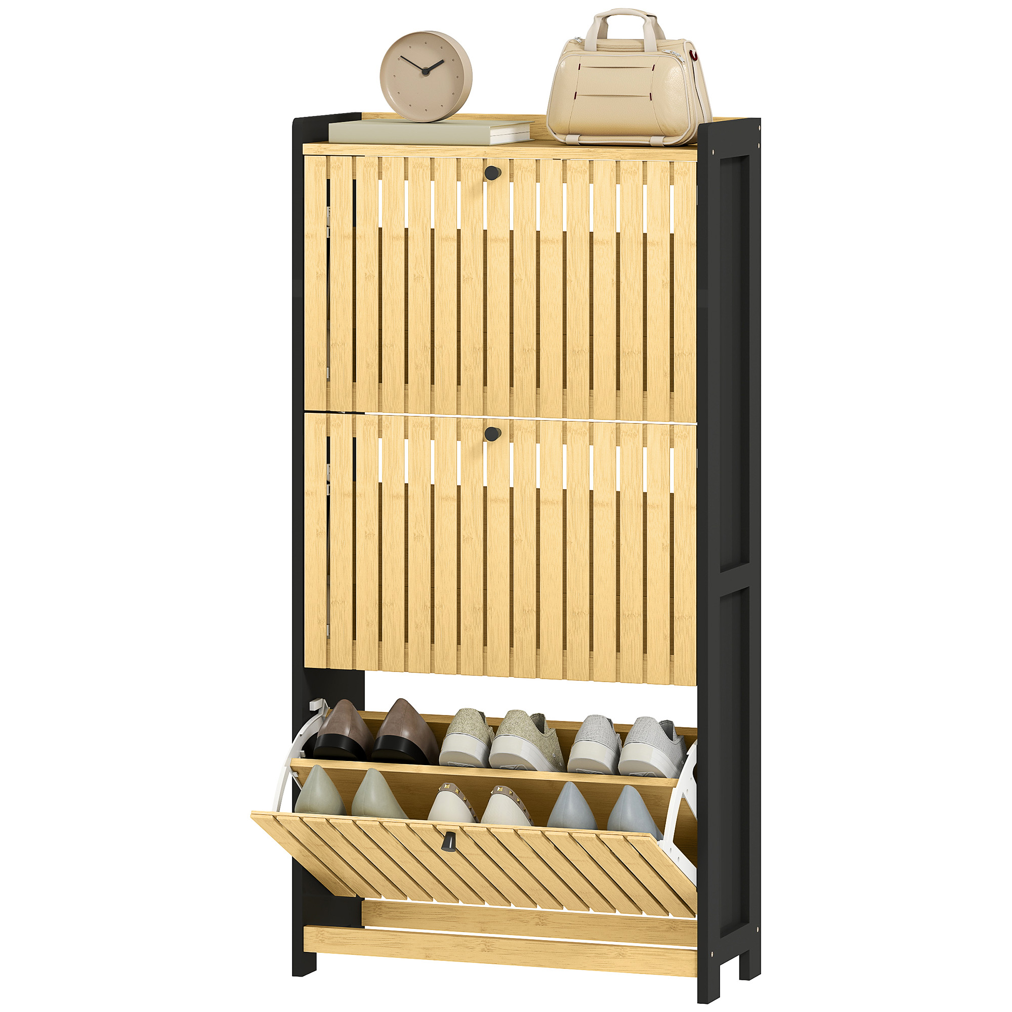 HOMCOM Schuhschrank 18 Paare, schmaler Schuhschrank, Eingangsmöbel mit 3 kippbaren Schubladen, Gittertüren aus Bambus, für Flur und Eingang, 60x24x118cm, Schwarz und Naturholz Aosom