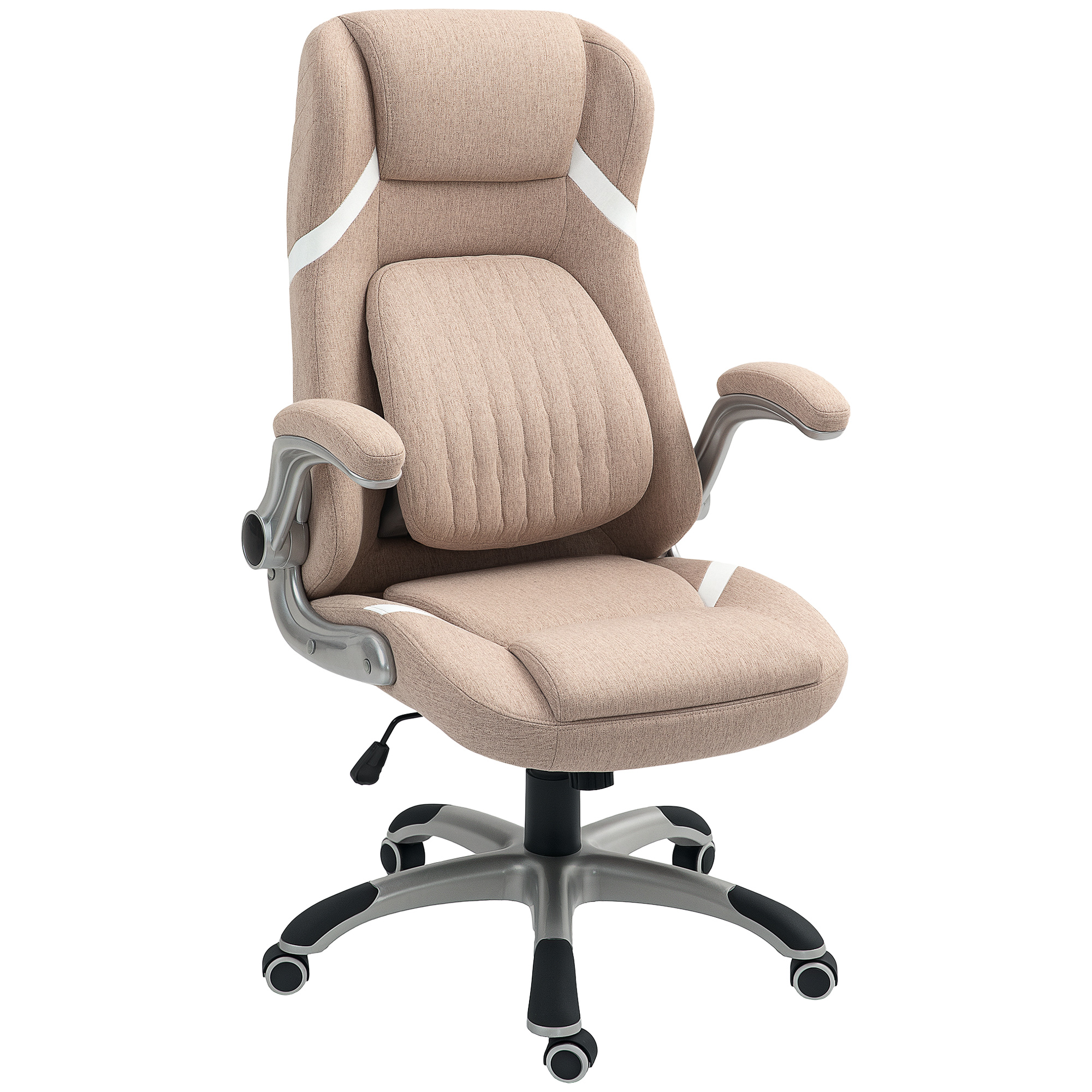 Vinsetto Bürostuhl Ergonomisch mit Klappbaren Armlehnen und Kopfstütze, Drehbarer Schreibtischstuhl mit Verstellbarer Lordosenstütze, Höhenverstellbar und Wippfunktion in Leinenstoff für Büro, Hellbraun Aosom