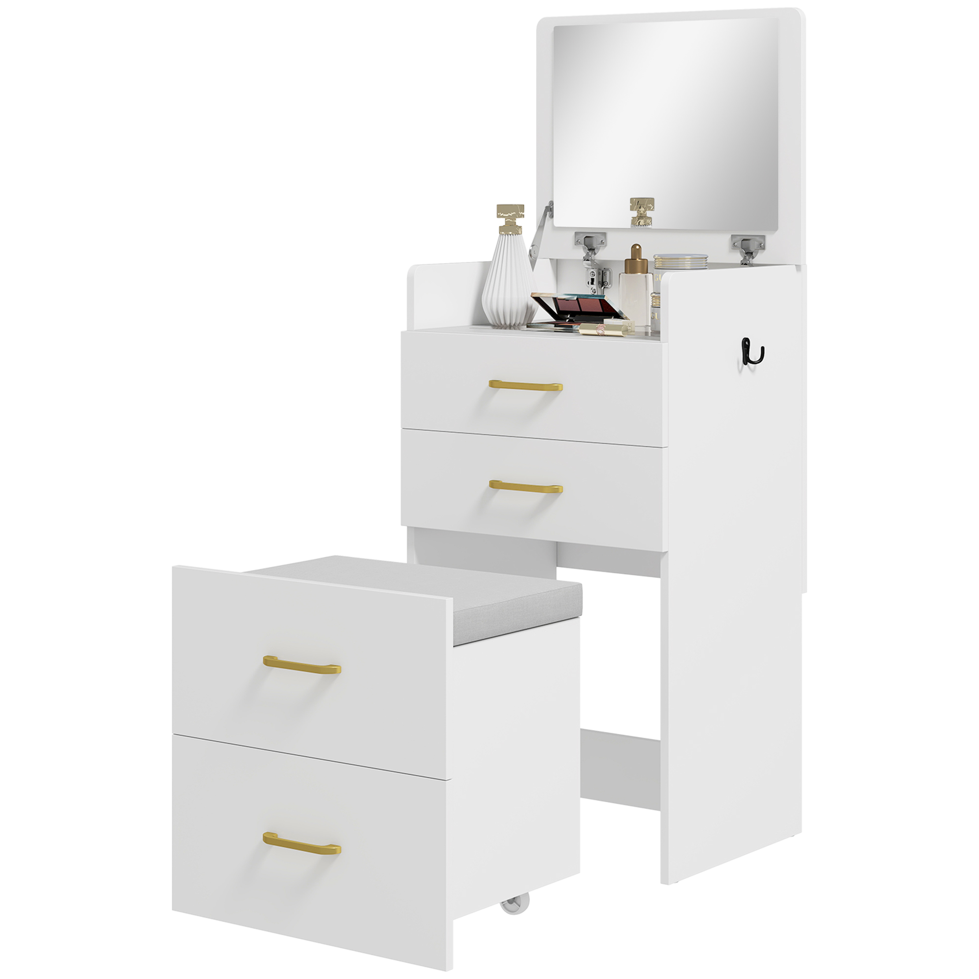 HOMCOM Coiffeuse mit Spiegel und Hocker 3 in 1, Schminktisch mit 3 Schubladen, transparenter Glassplatte, gepolstertem Kissen und Rollen, Frisiertisch, 48 x 40 x 90 cm, weiß Aosom