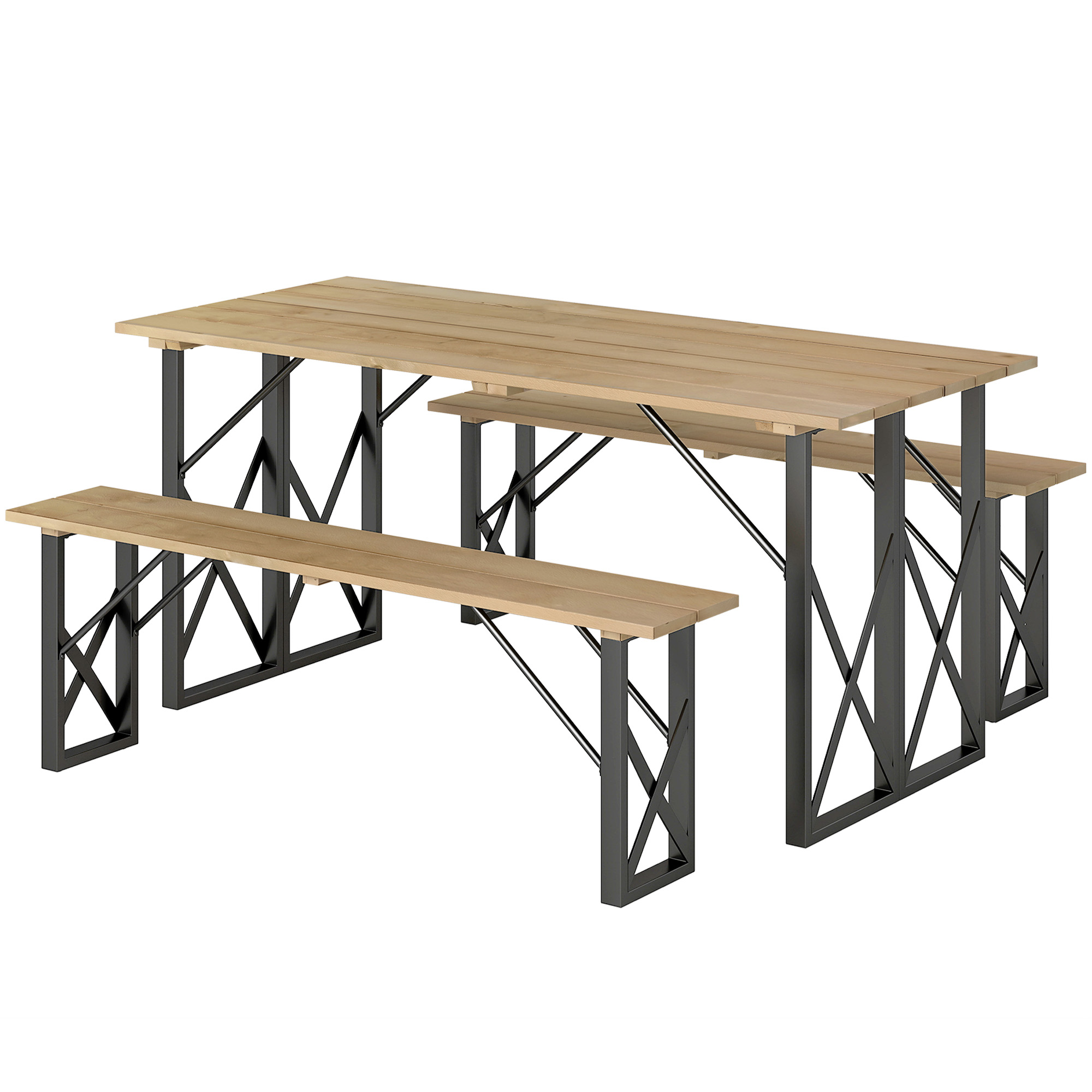 Outsunny Holztisch und Bänke Set, Holzpicknicktisch mit Bänken für 6 bis 8 Personen, 160 cm, mit 5 cm Loch für Sonnenschirm, Stahlrahmen, braun Aosom