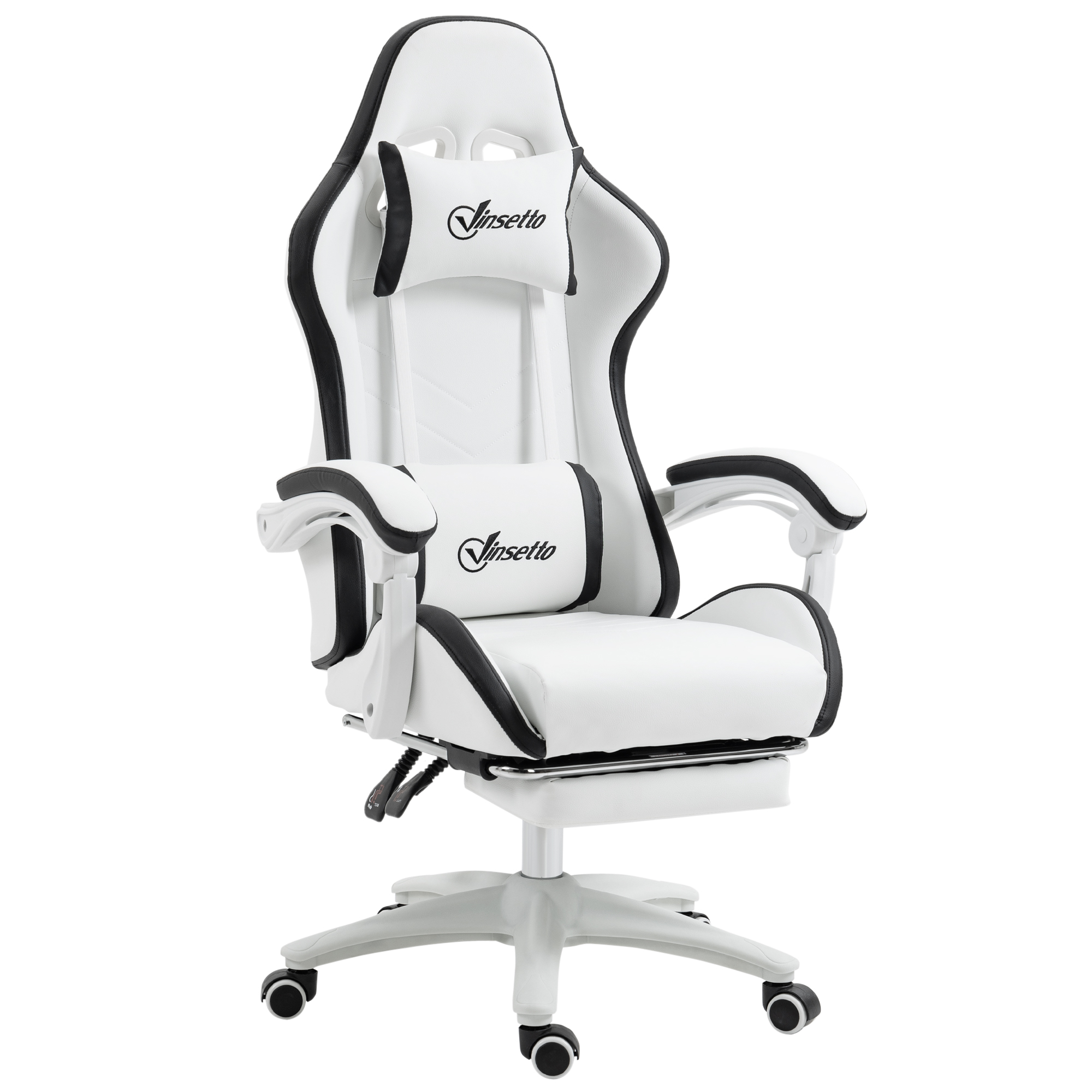 Vinsetto Gaming-Stuhl ergonomischer Gaming-Stuhl mit teleskopischem Fußstützen, 135° neigbarer Rückenlehne, verstellbarer Kopfstütze und Lendenwirbelstütze, 360° drehbarer Bürostuhl aus Polyurethan, Weiß   Aosom
