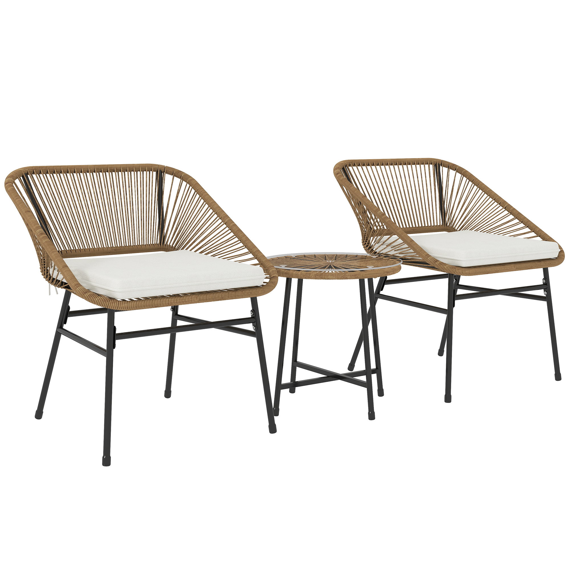 Outsunny Gartenmöbelset 3-teilig aus PE-Rattan und Stahl, 2 Stühle mit Kissen und runder Kaffeetisch mit Glasplatte, Balkonmöbel-Set, für Terrasse und Hof, Naturholzfarbe   Aosom