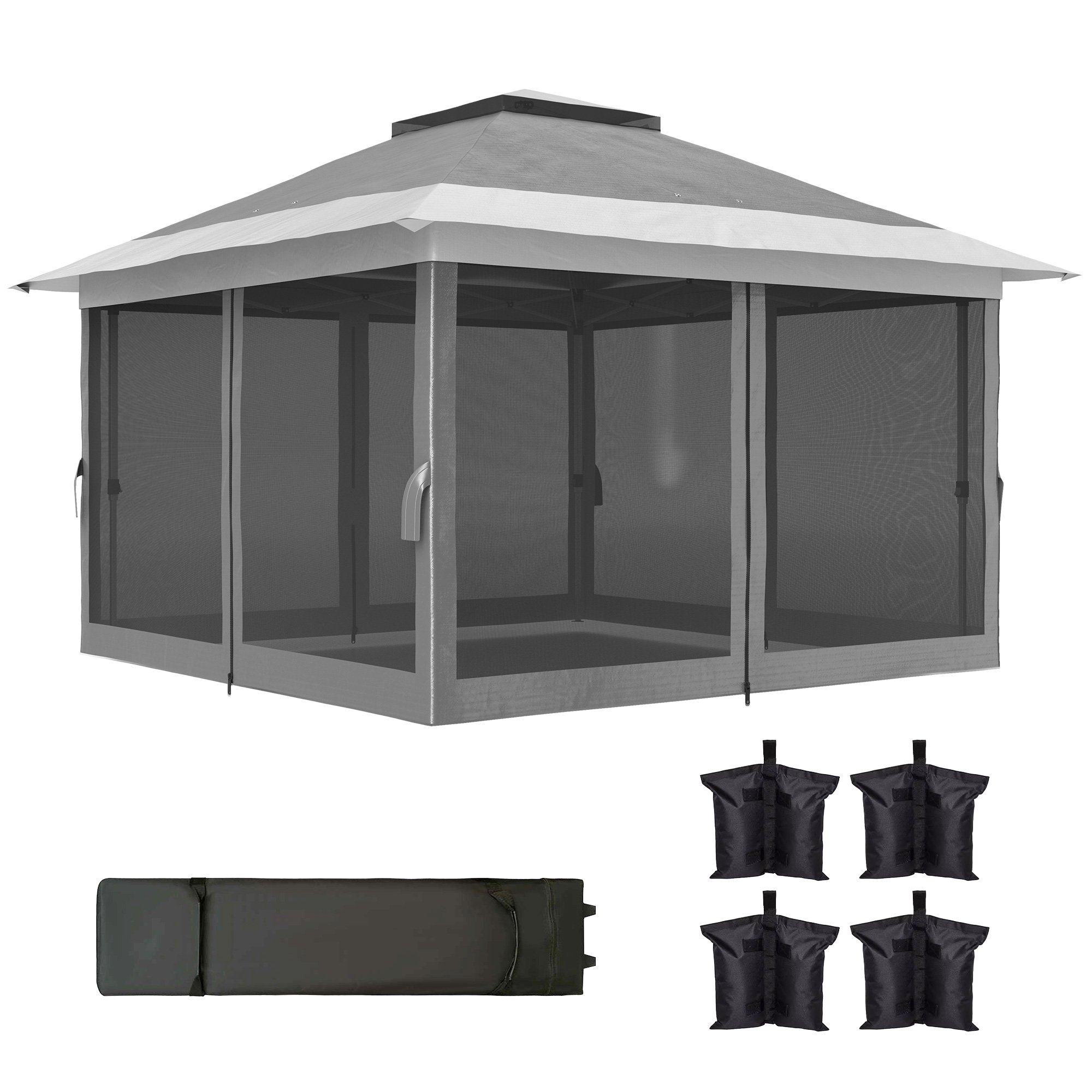 Outsunny Faltbares Pavillon 3,6x3,6 m mit Netzseiten, Höhenverstellbar und UV-Schutz, Robuster Pop-Up Outdoor-Pavillon mit Doppeltem Dach, Sandsäcken und Tasche mit Rollen, Grau   Aosom