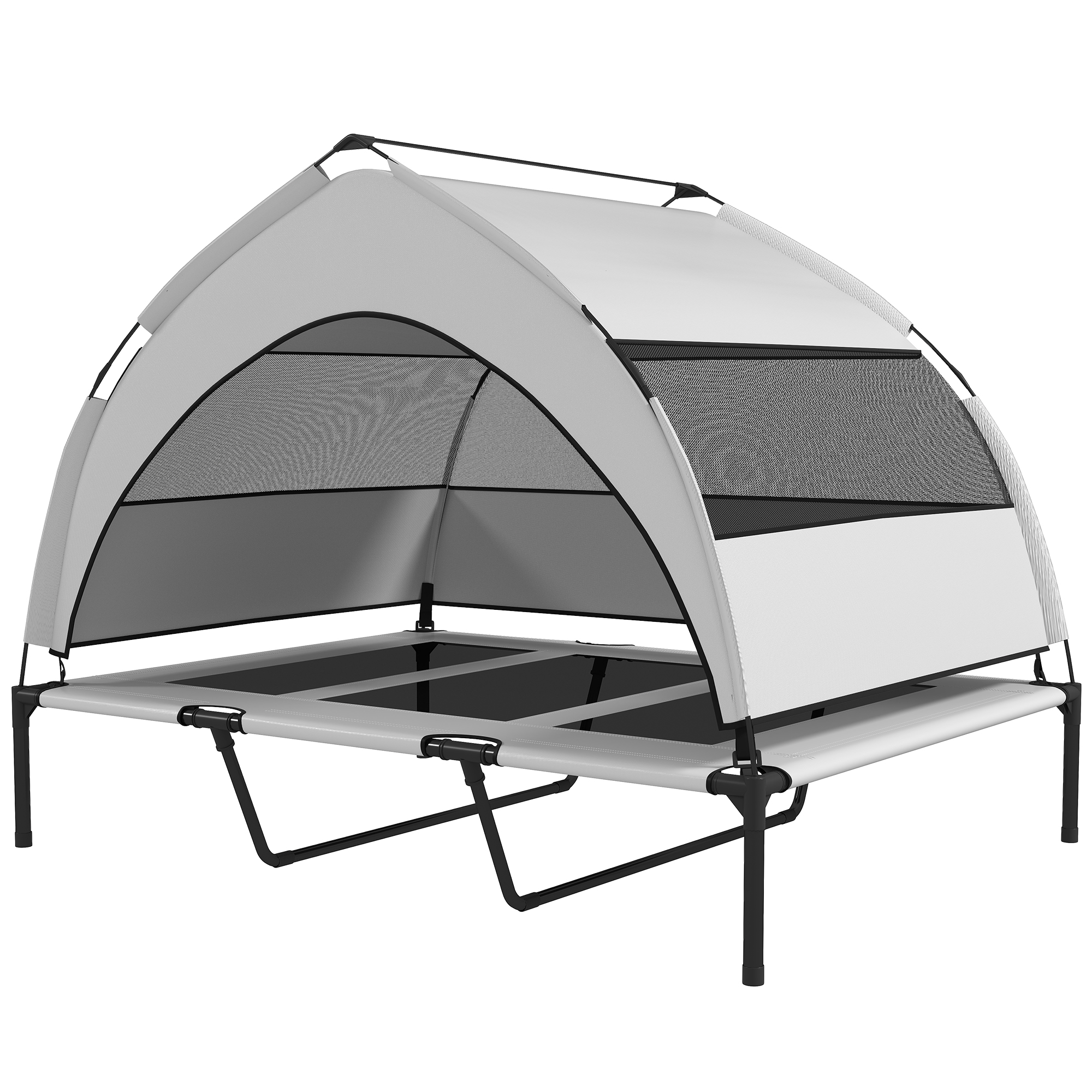 PawHut Hundebett erhöht um 23 cm mit abnehmbarer 3-seitiger Abdeckung, Großes atmungsaktives Stahl-Hundebett mit Transporttasche, 122x92x94 cm, Hellgrau und Schwarz Aosom