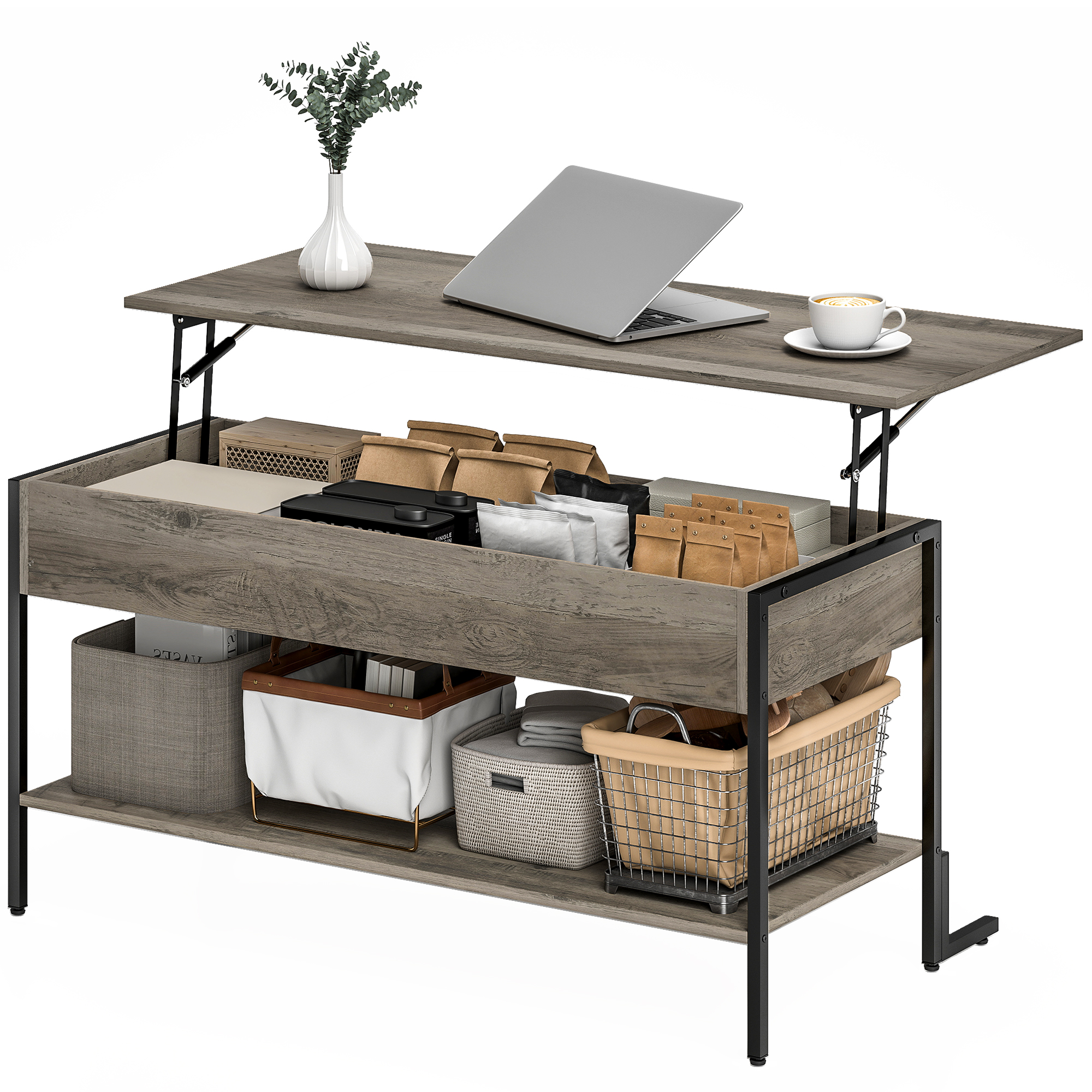 HOMCOM Couchtisch mit höhenverstellbarer Platte, industrieller Wohnzimmertisch mit verstecktem Fach und offenem Regal, für Wohnzimmer, Büro, 95 x 40 x 59 cm, grau Aosom