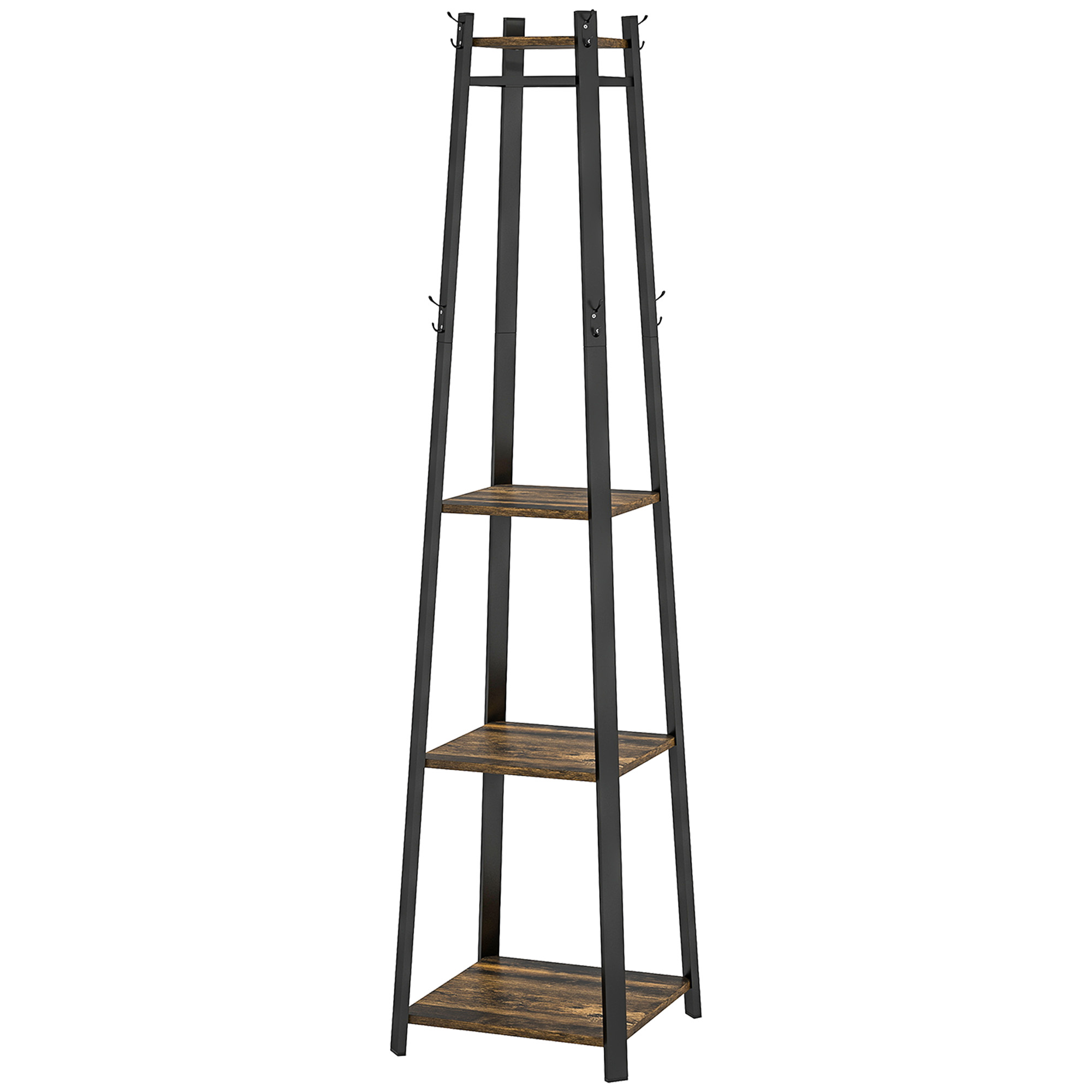 HOMCOM Kleiderständer mit 8 Haken, 3 Regalen und oberer Ablage, Trapesiform Design für Eingang, Schlafzimmer und Wohnzimmer, 34x34x170 cm, Rustikales Braun   Aosom