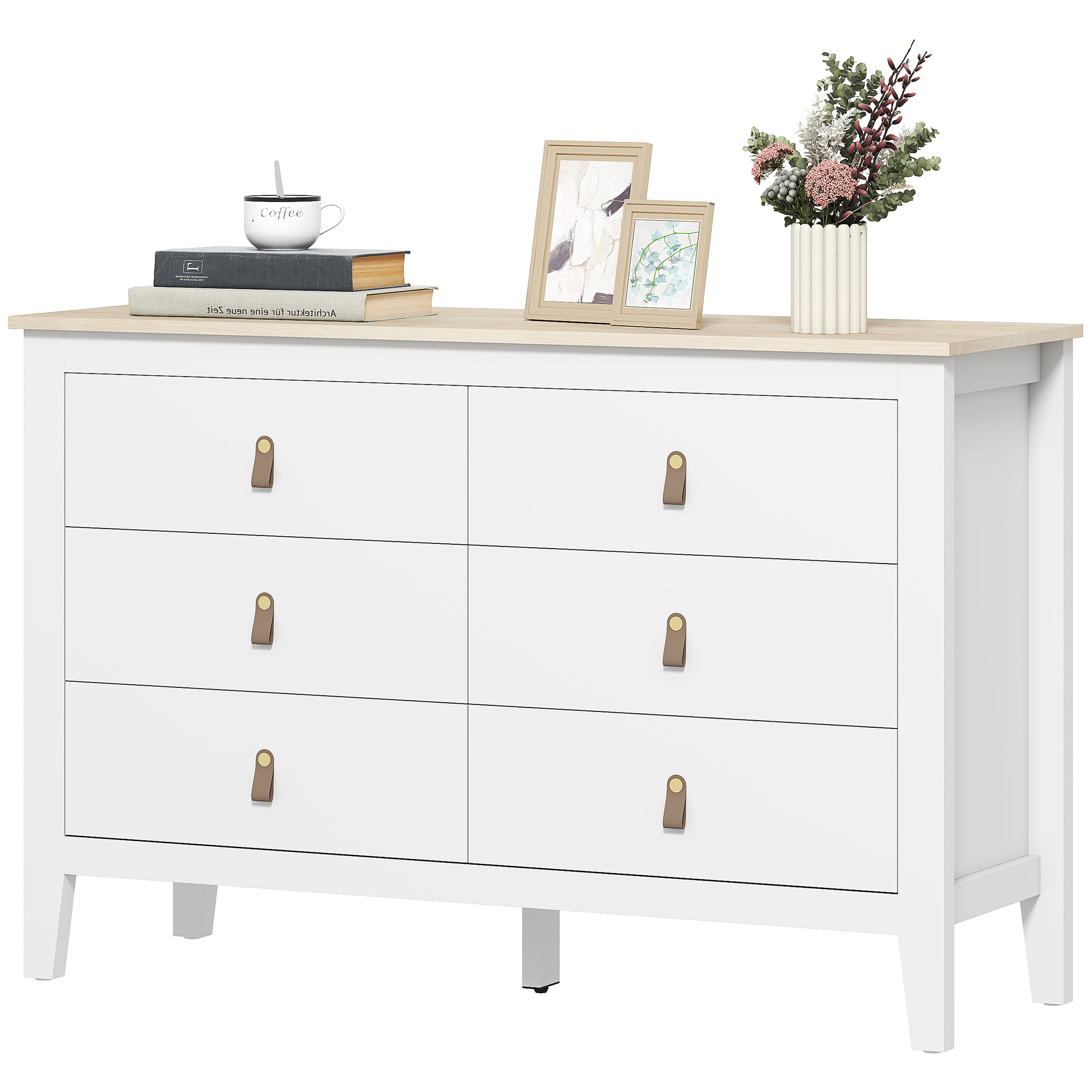 HOMCOM Kommode 6 Schubladen, Aufbewahrungsmöbel mit modernen Polyurethan-Griffen, Holzoptik-Tischplatte, Schlafzimmer-Kommode, Wohnzimmer, Flur, 120 x 40 x 78 cm, weiß Aosom