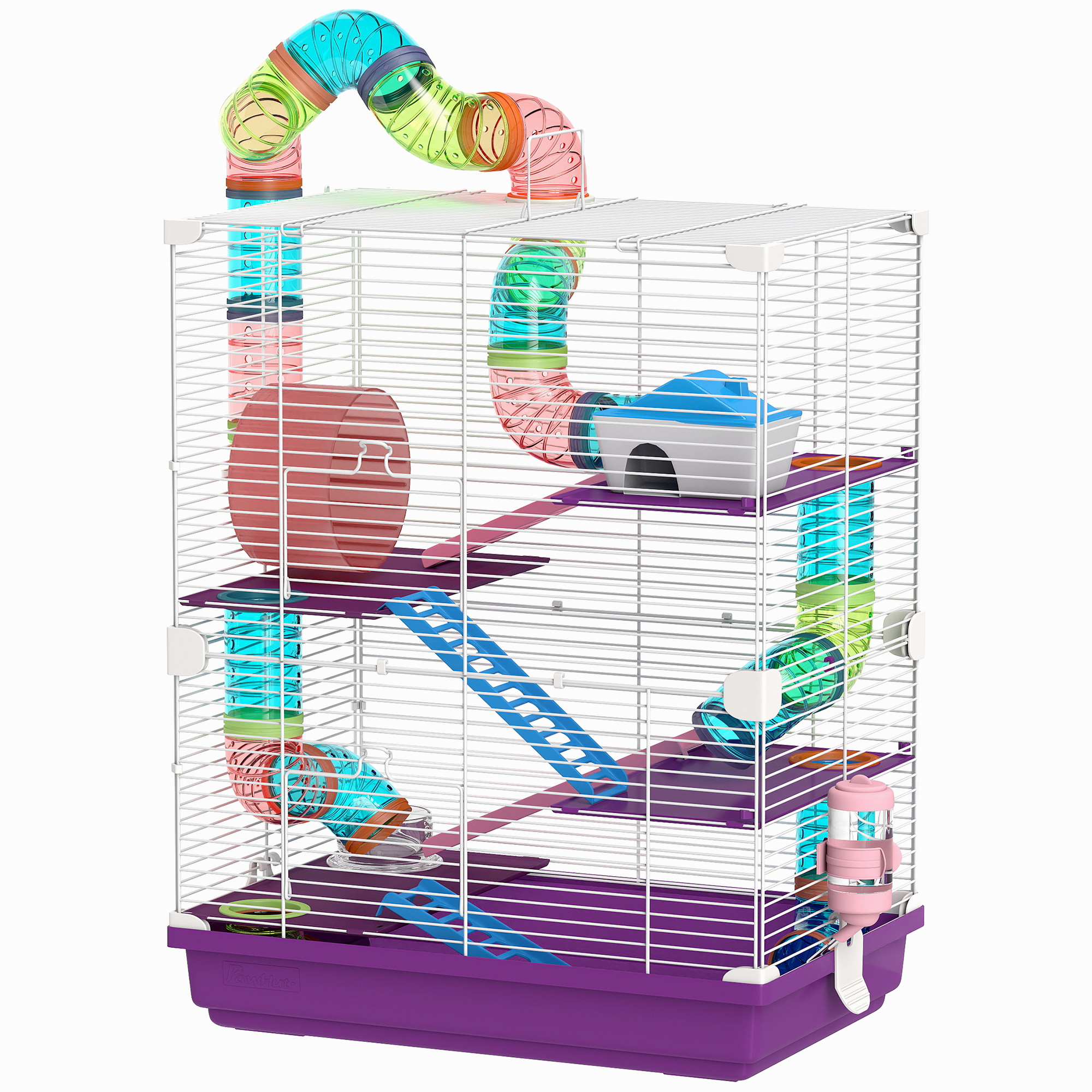 PawHut Käfig für Hamster Nager 4 Etagen mit Tunneln Fressnapf Laufrad Häuschen Leitern 46 x 30 x 58 cm Violett Aosom