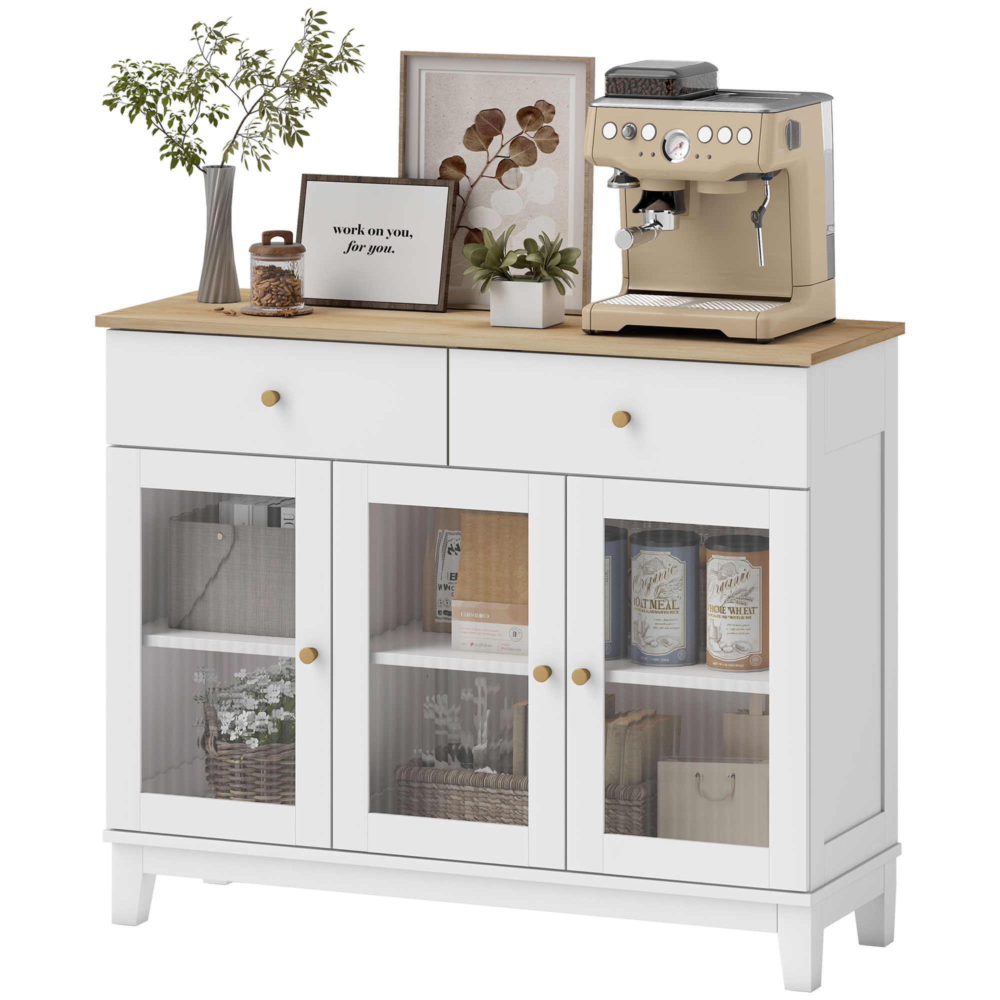 HOMCOM Buffet Wohnzimmerschrank mit 2 Schränken mit geriffelten gehärteten Glastüren, 2 Schubladen und verstellbaren Regalen, Esszimmer- und Wohnzimmerbuffet, 100 x 35 x 80,3 cm, weiß Aosom