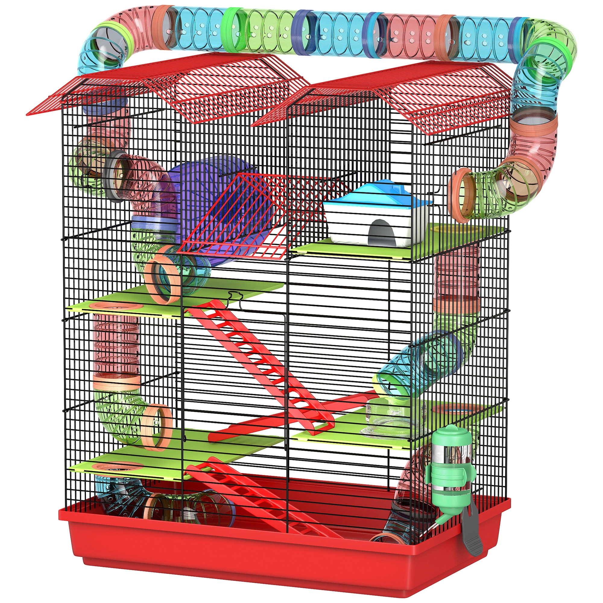 PawHut Käfig für Hamster Mäuse Kleintiere Nager mit Tunnel Futternapf Laufrad Spielzeug 47 x 30 x 59 cm Rot   Aosom