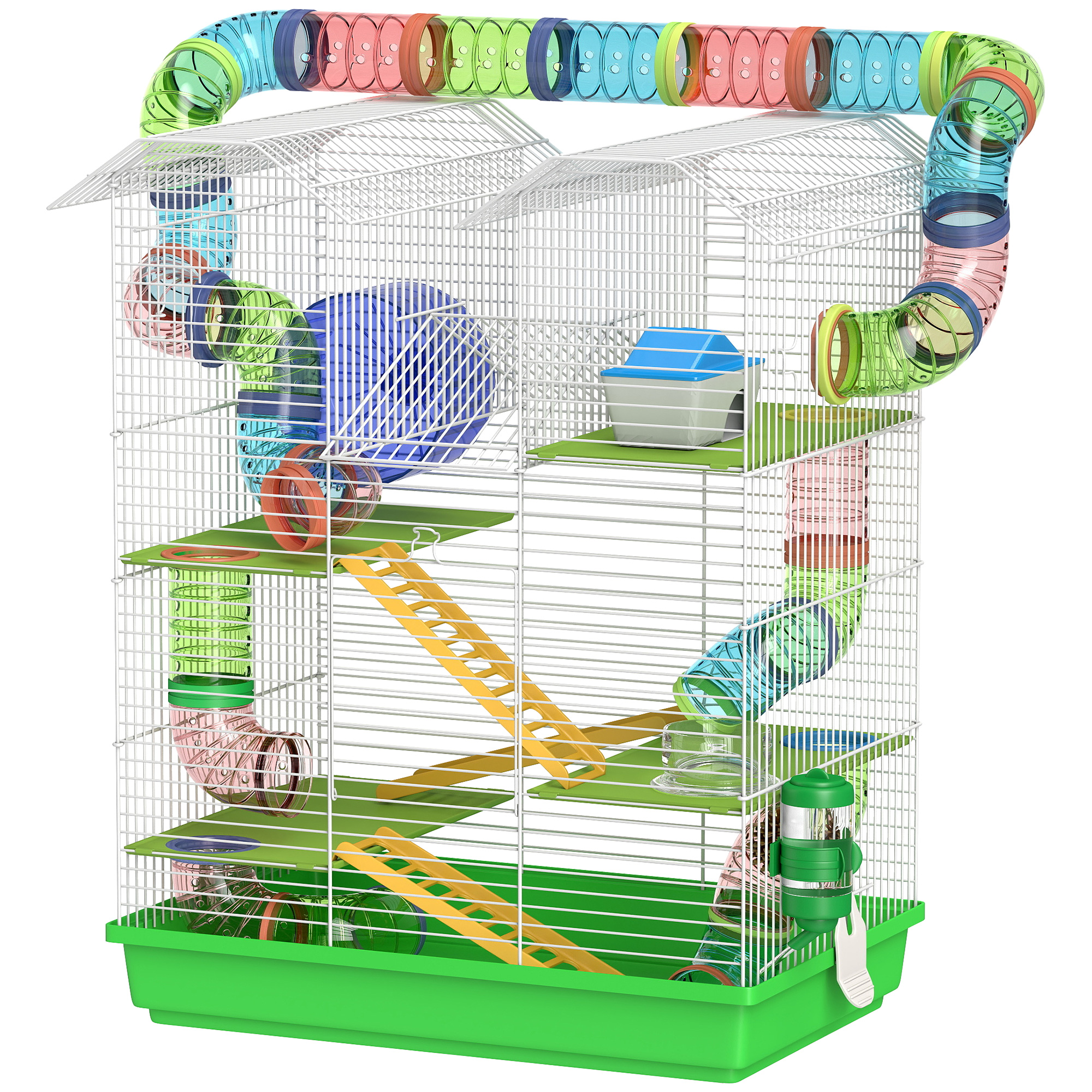 PawHut Käfig für Hamster Mäuse Kleintiere Nagetiere mit Tunnel Futtertrog Laufrad Spielzeug 47 x 30 x 59 cm Grün Aosom