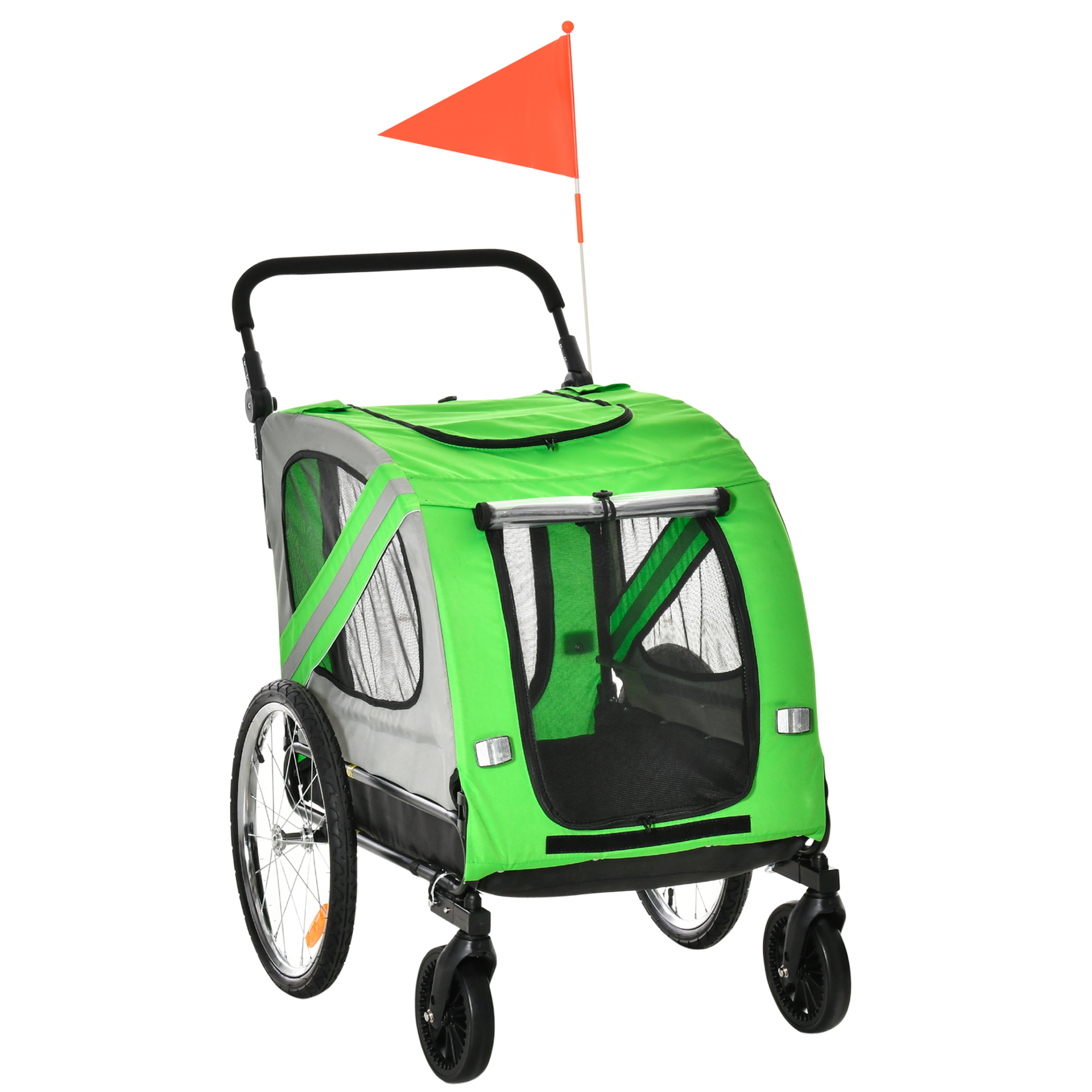 PawHut Fahrradanhänger und Hundebuggy 2 in 1, Hundeanhänger aus Stahl und Oxford-Gewebe mit Reflektoren und Flagge, Grün Aosom
