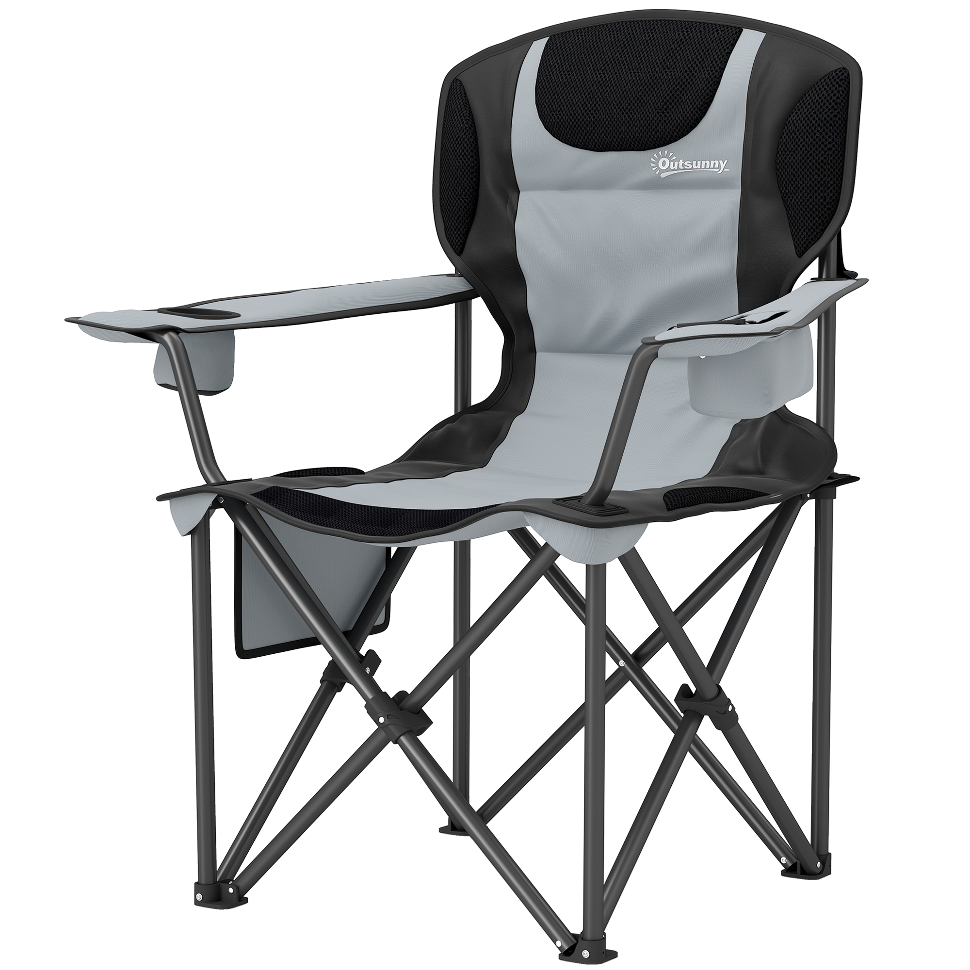 Outsunny Klappbarer Campingstuhl, Gepolsterter Anglerstuhl, Höhenverstellbare Armlehnen, Getränkehalter, Seitenfächer und Kühltasche, Faltbarer Stuhl für Wandern, Angeln und Picknick, Hellgrau Aosom