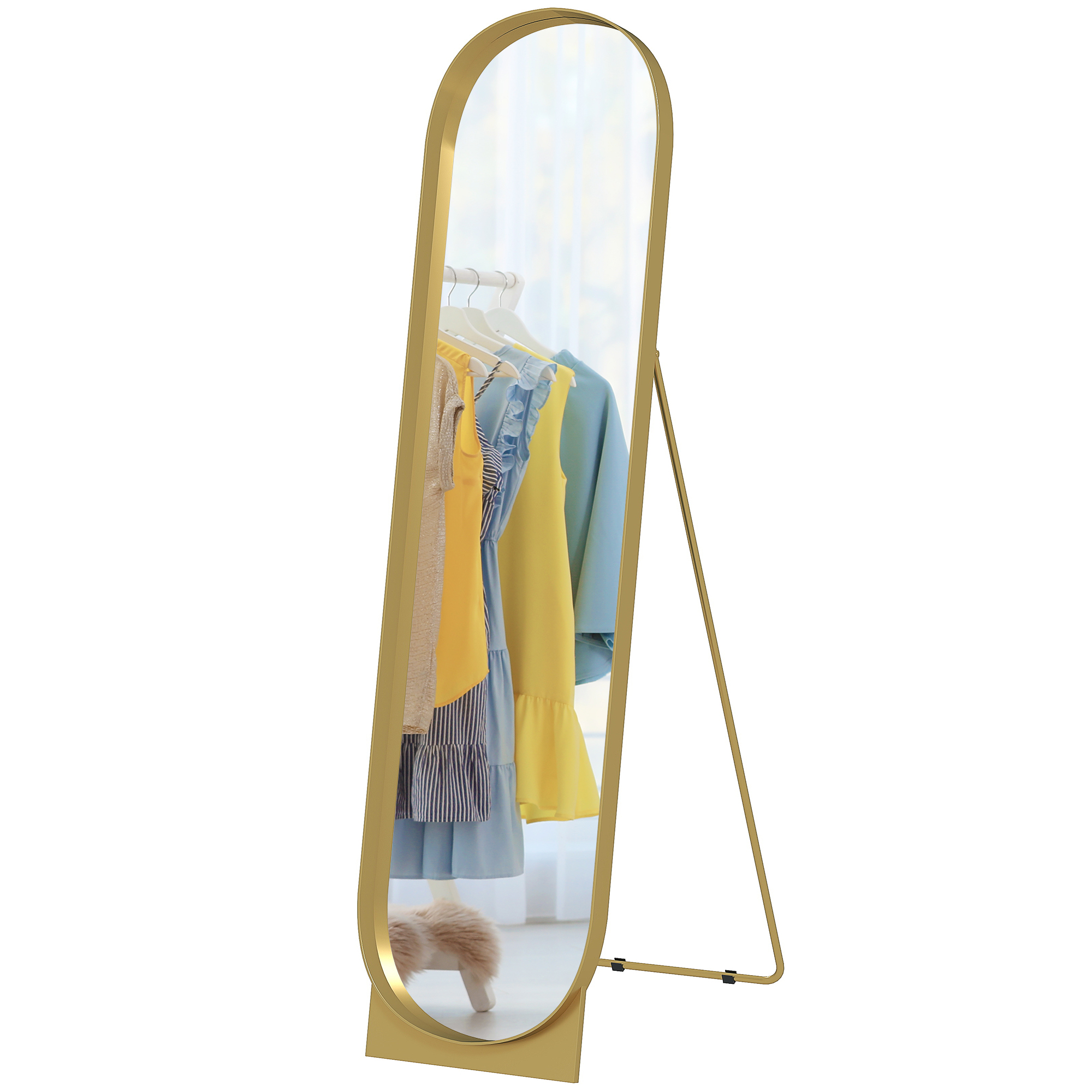 HOMCOM Bodenstehender Arched Spiegel 40 x 160 cm, großer Spiegel mit Metallrahmen und bruchsicherer Folie, Boden- oder Wandmontage, für Schlafzimmer Wohnzimmer und Ankleidezimmer, Gold Aosom