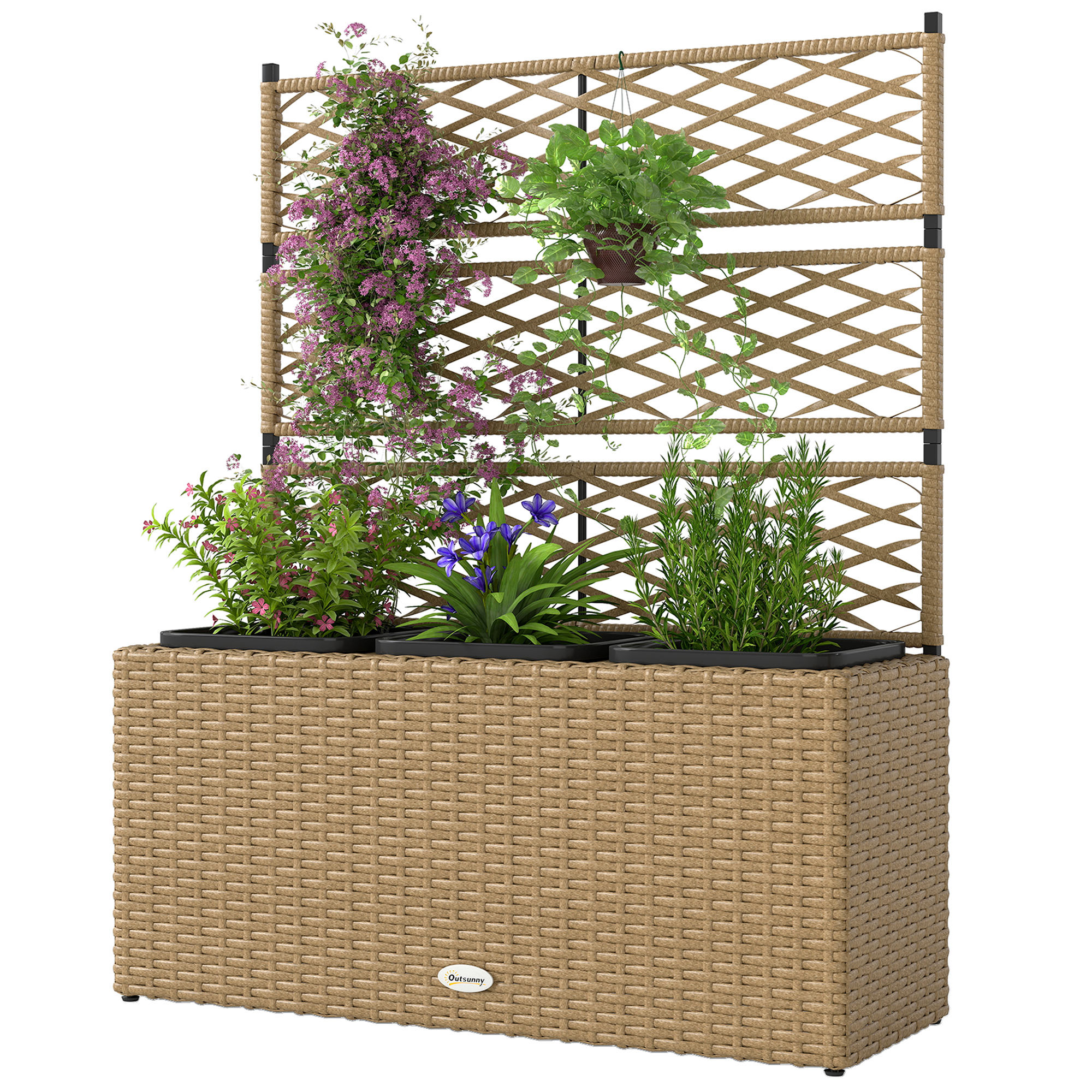 Outsunny Pflanzkübel mit Rankgitter 3 Töpfe Pflanzenkübel 33L Garten Balkon Terrasse Außenbereich Kunststoffgeflecht und Stahl 84 x 30 x 107 cm Sand Schwarz   Aosom
