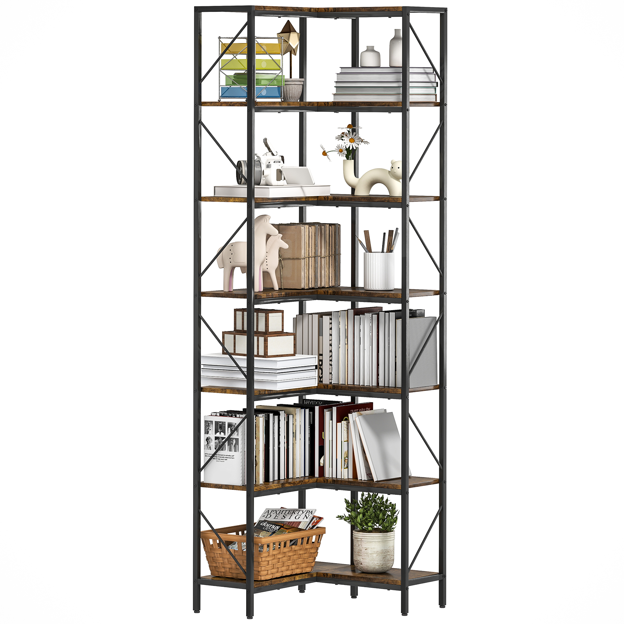 HOMCOM Eckschrank mit 7 Ebenen, Bücherregal, industrielle Aufbewahrung mit Regalen für Wohnzimmer, Schlafzimmer, Büro, 60 x 60 x 198 cm, rustikales Braun Aosom