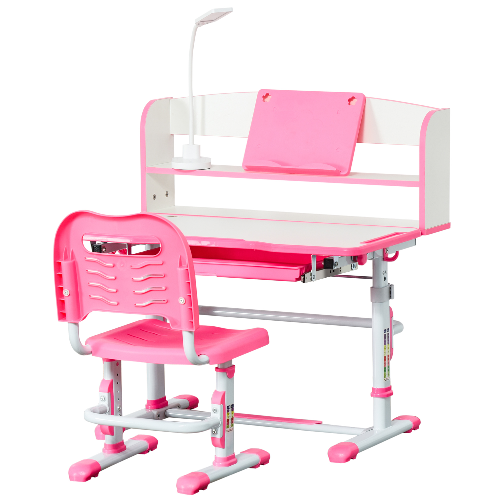 HOMCOM Set Schreibtisch und Stuhl für Kinder 6-12 Jahre höhenverstellbar, Kinderschreibtisch mit 45° neigbarer Platte, Lampe, Schublade, Regal, Stifthalter und Lesegestell, aus Stahl und MDF, Rosa Aosom