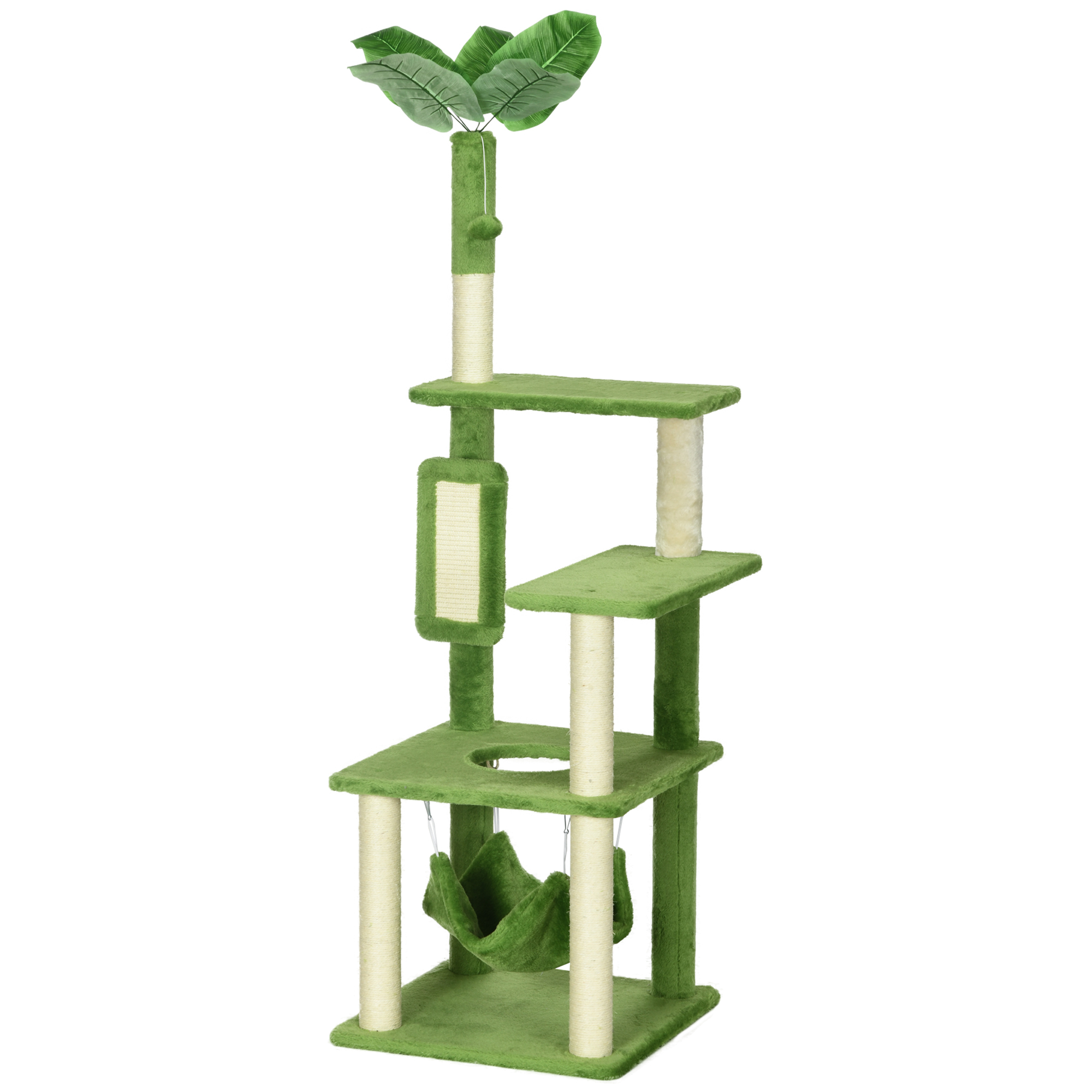 PawHut Kratzbaum für Katzen, 142 cm, Katzenturm mit Hängematte, Ball, Sisal Kratzstamm und Kippschutz, Grün   Aosom