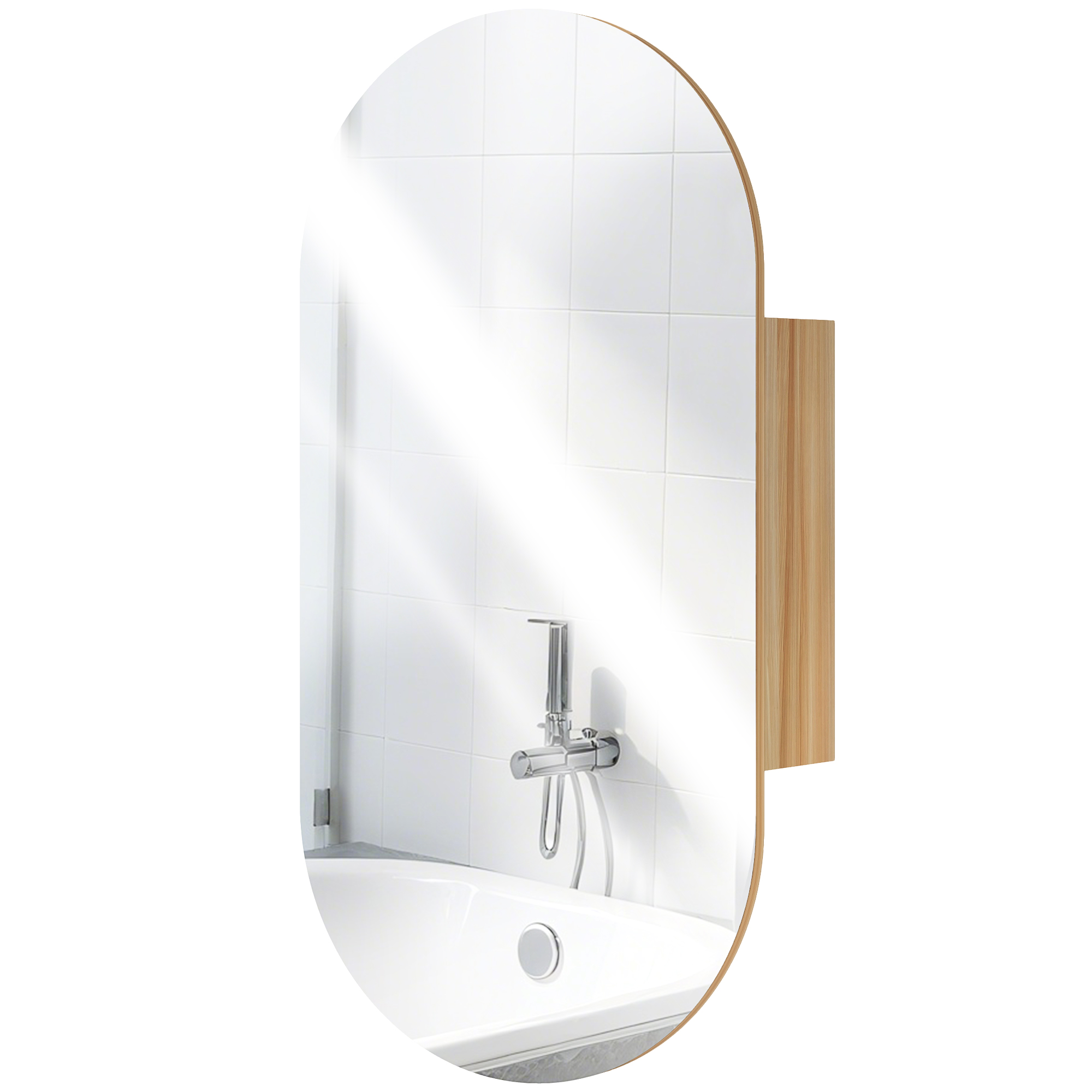 HOMCOM Wandspiegelschrank Badezimmer mit ovalem Spiegel, 45 x 90 cm, modernes Badezimmermöbel, rahmenloses Design, Spiegel mit Aufbewahrung, Naturholz Aosom