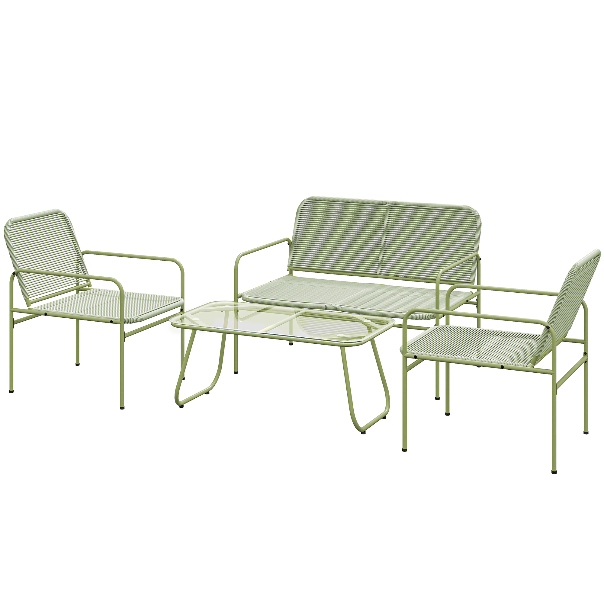 Outsunny 4-Sitzer Outdoor-Rattan-Loungeset mit 2-Sitzer-Sofa, 2 Sesseln, Couchtisch aus gehärtetem Glas, Stahlgestell, Gartenmöbel für Balkon Terrasse, Grün   Aosom