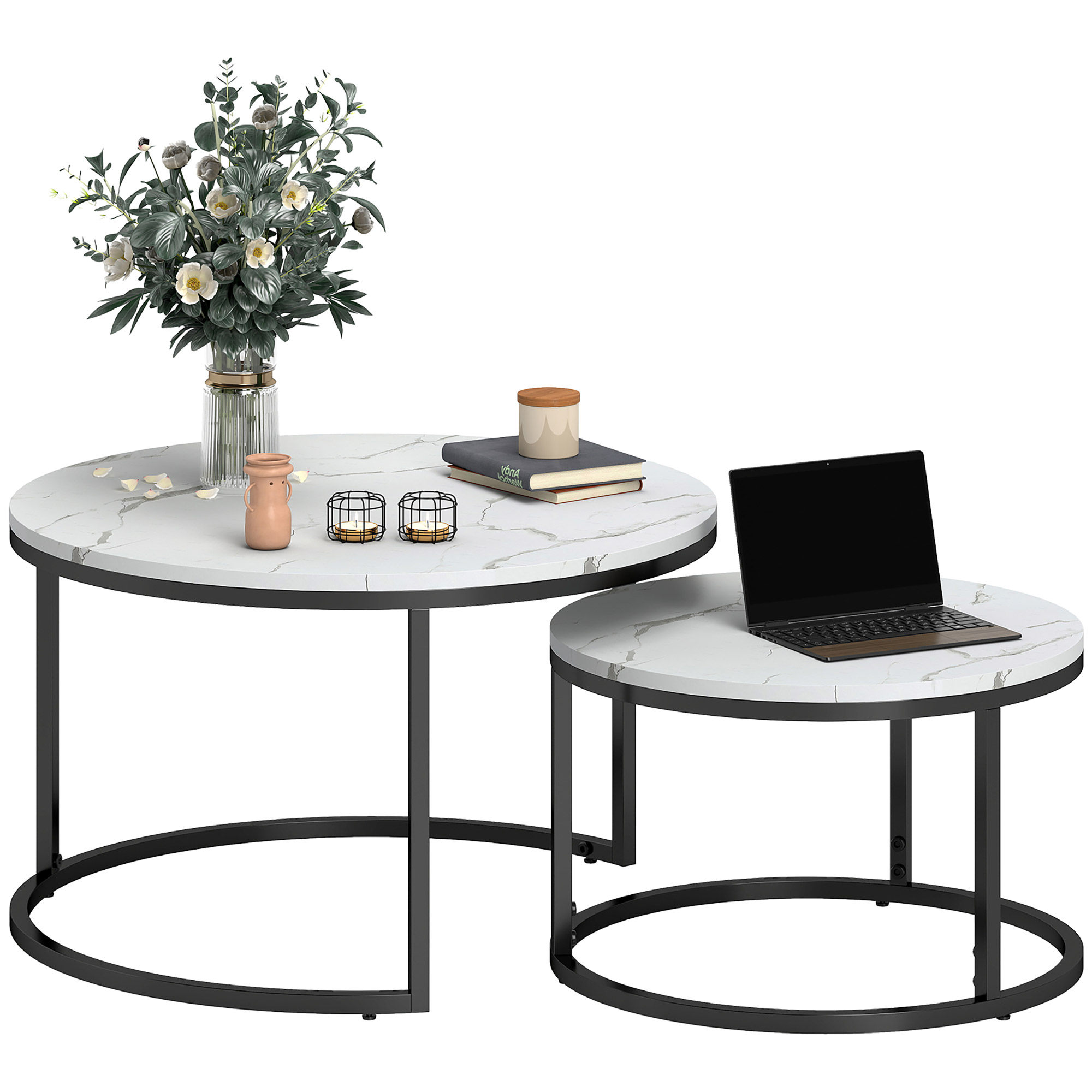 HOMCOM Set aus 2 stapelbaren Wohnzimmertischen, runder Wohnzimmertisch, stapelbar, industrielles Design, Metallgestell, weiß Aosom