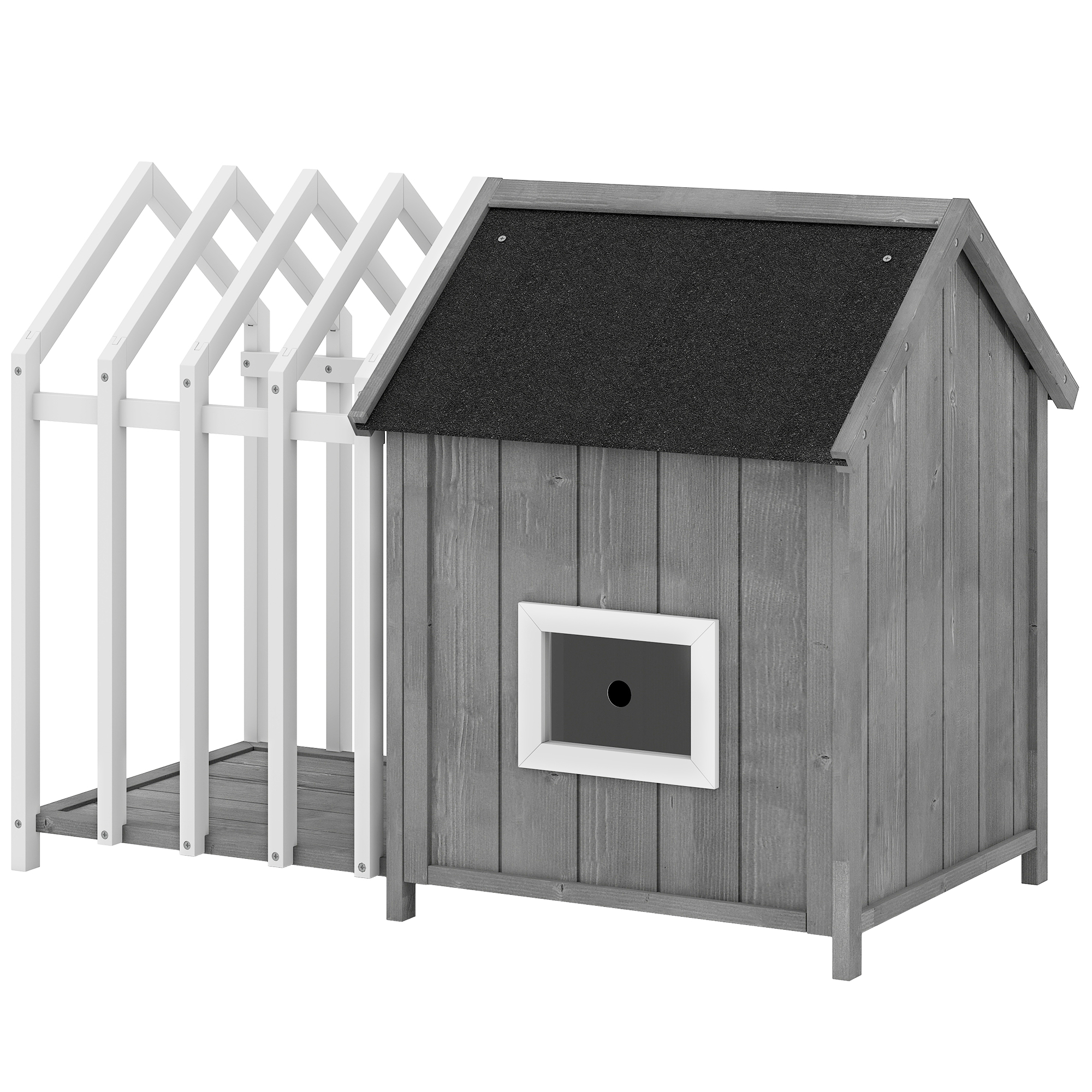 PawHut Hundehütte für den Außenbereich aus Holz mit Terrasse, Zaun, Lamellentür und Bitumendach, erhöhte Füße, Robustes Hundehaus 106 x 62,5 x 80,5 cm   Aosom