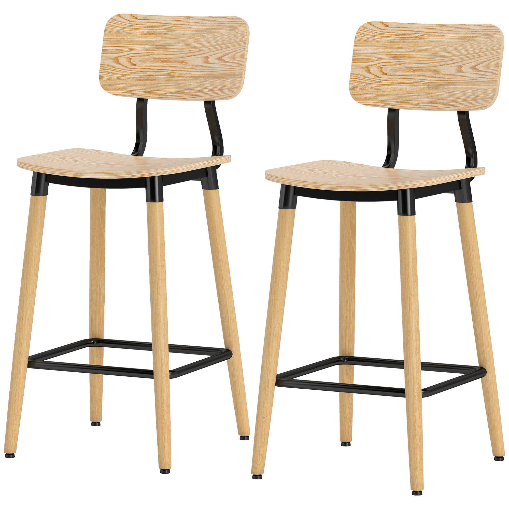 HOMCOM Barhocker 2er Set Barstuhl Tresenhocker mit Rückenlehne und Fußstütze, Küchenstühle mit Stahlbeine für Küche, Wohnzimmer, Esszimmer Natur Aosom