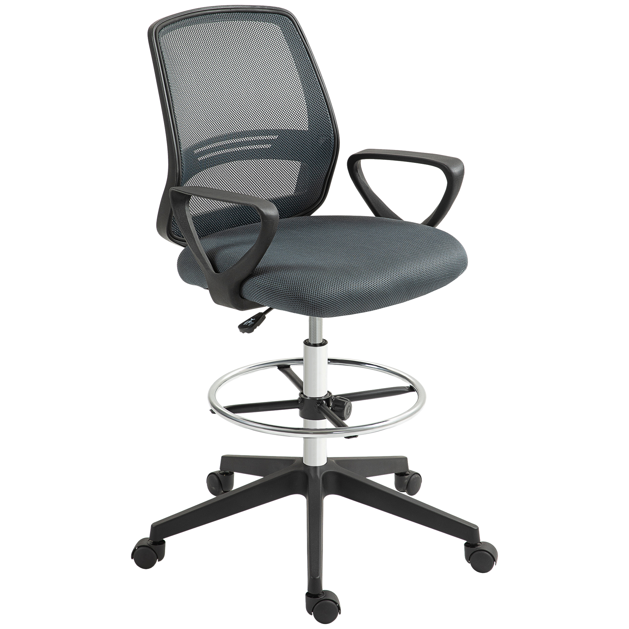 Vinsetto Bürostuhl Ergonomischer Schreibtischstuhl mit Armlehnen und Verstellbarer Fußring, Höhenverstellbarer Drehstuhl mit Netzbespannung Grau Aosom