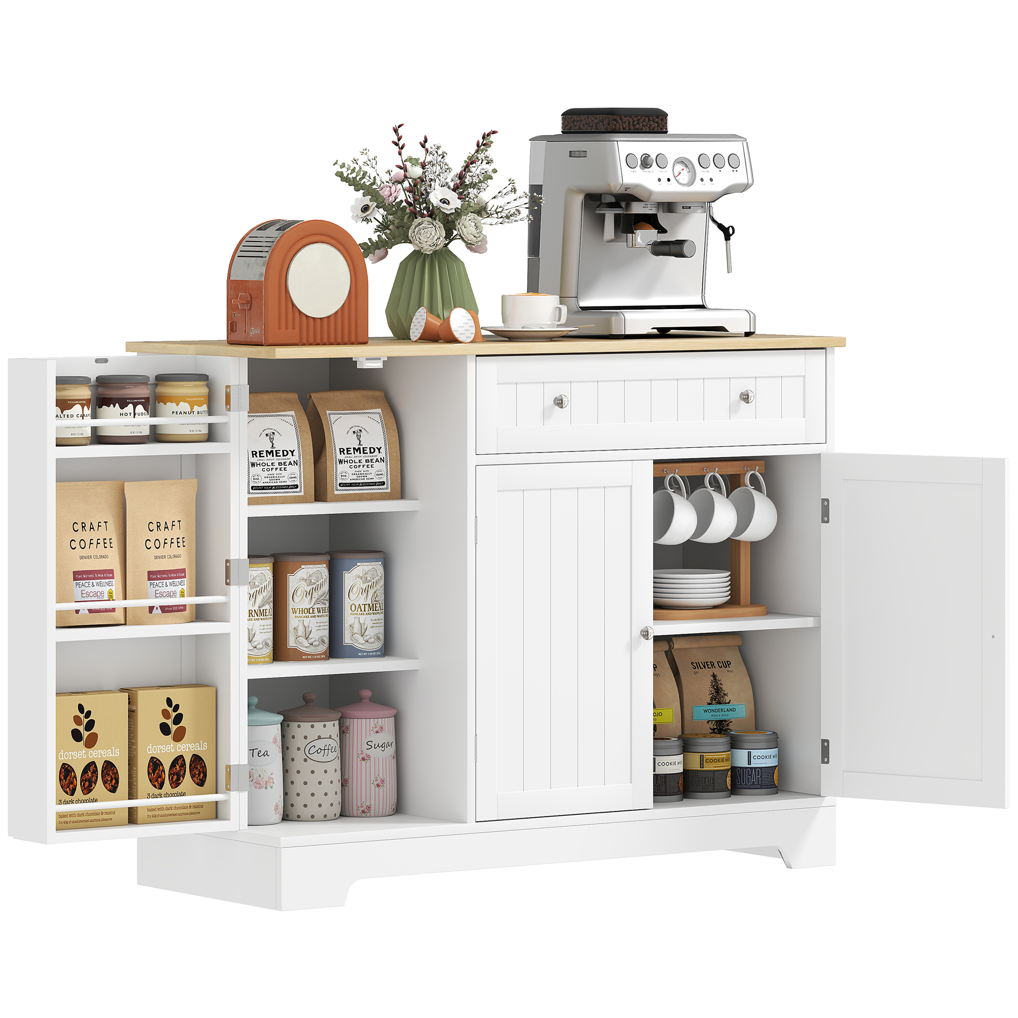 HOMCOM Buffet Küche, Aufbewahrungsmöbel mit 3 Türen, Schublade, Türregale und verstellbarem Regal, moderner Stil, für Esszimmer, Wohnzimmer, Küche, 105 x 40 x 83 cm, weiß Aosom
