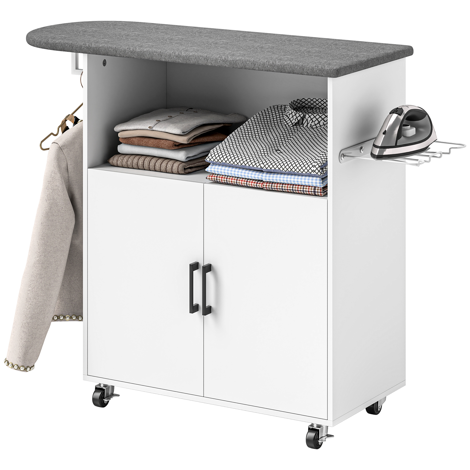 HOMCOM Bügelbrett mit Bremsen, Bügelbrett mit Rollen und Bügelbretthalter, Multifunktionales Bügelbrett mit Kleiderstange, offenes Regal und Schrank mit verstellbarem Regal, 125x43,5x102,5 cm, Weiß Aosom