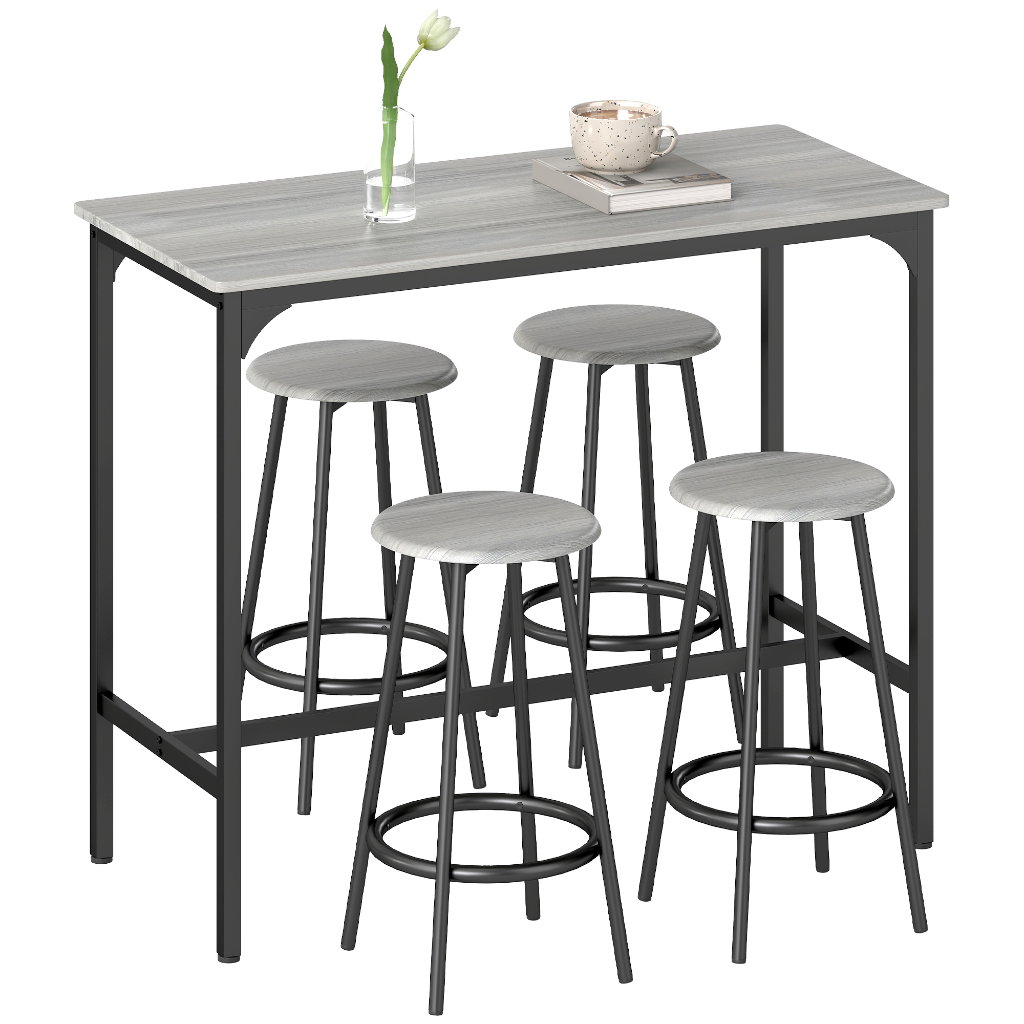 HOMCOM Bartisch mit Barhocker Set, 5-tlg. Bartisch-Set, Küchentisch mit 4 Barhocker, Essgruppe im Industriedesign, für Küche, Esszimmer, Metall, Grau   Aosom