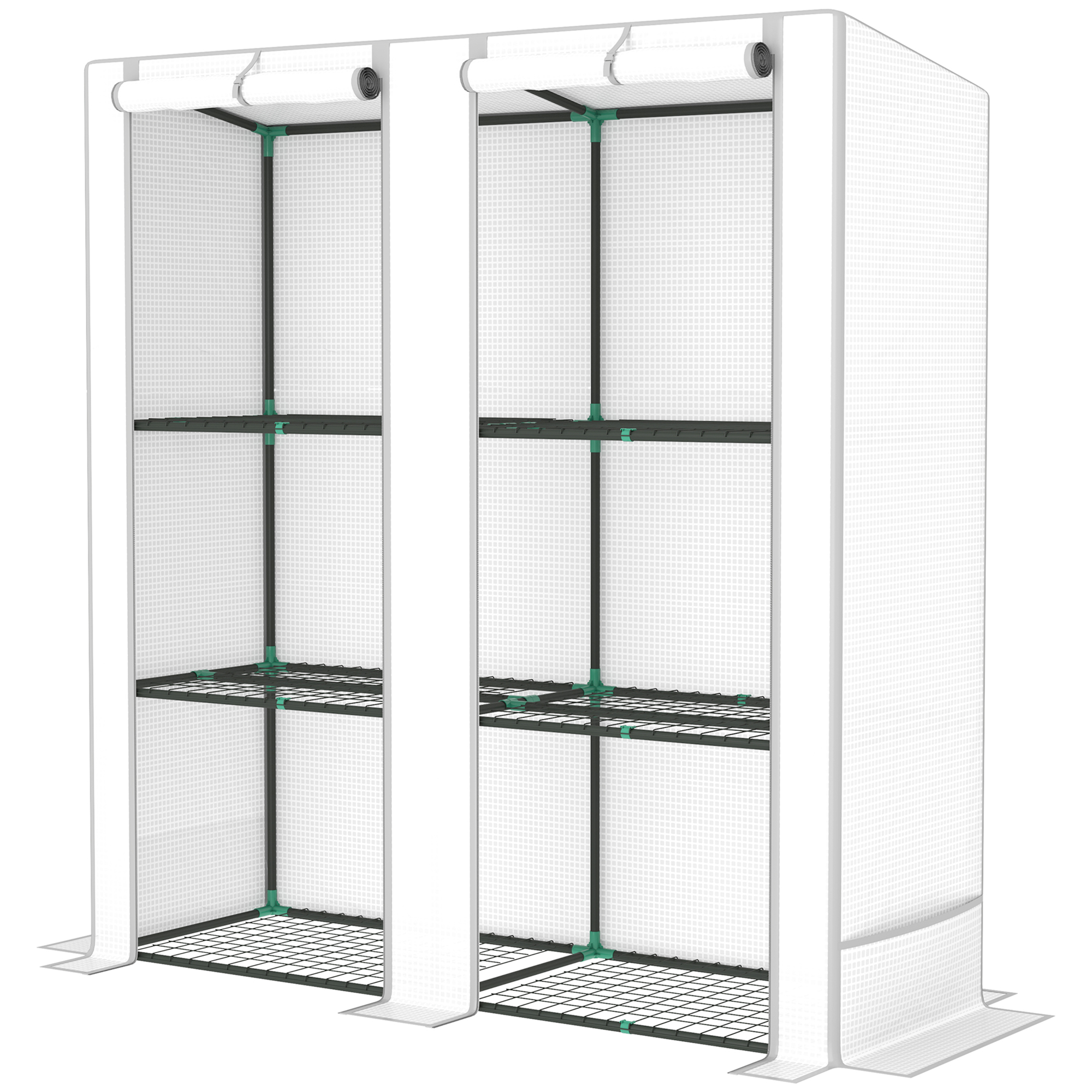 Outsunny Gewächshaus für den Außenbereich mit geneigtem Dach Kleines Gewächshaus mit 3 Regalen 2 Aufrollbaren Türen PE-Abdeckung und Stahlrahmen für Anbau Pflanzen Blumen 144x48x152 cm Weiß Aosom