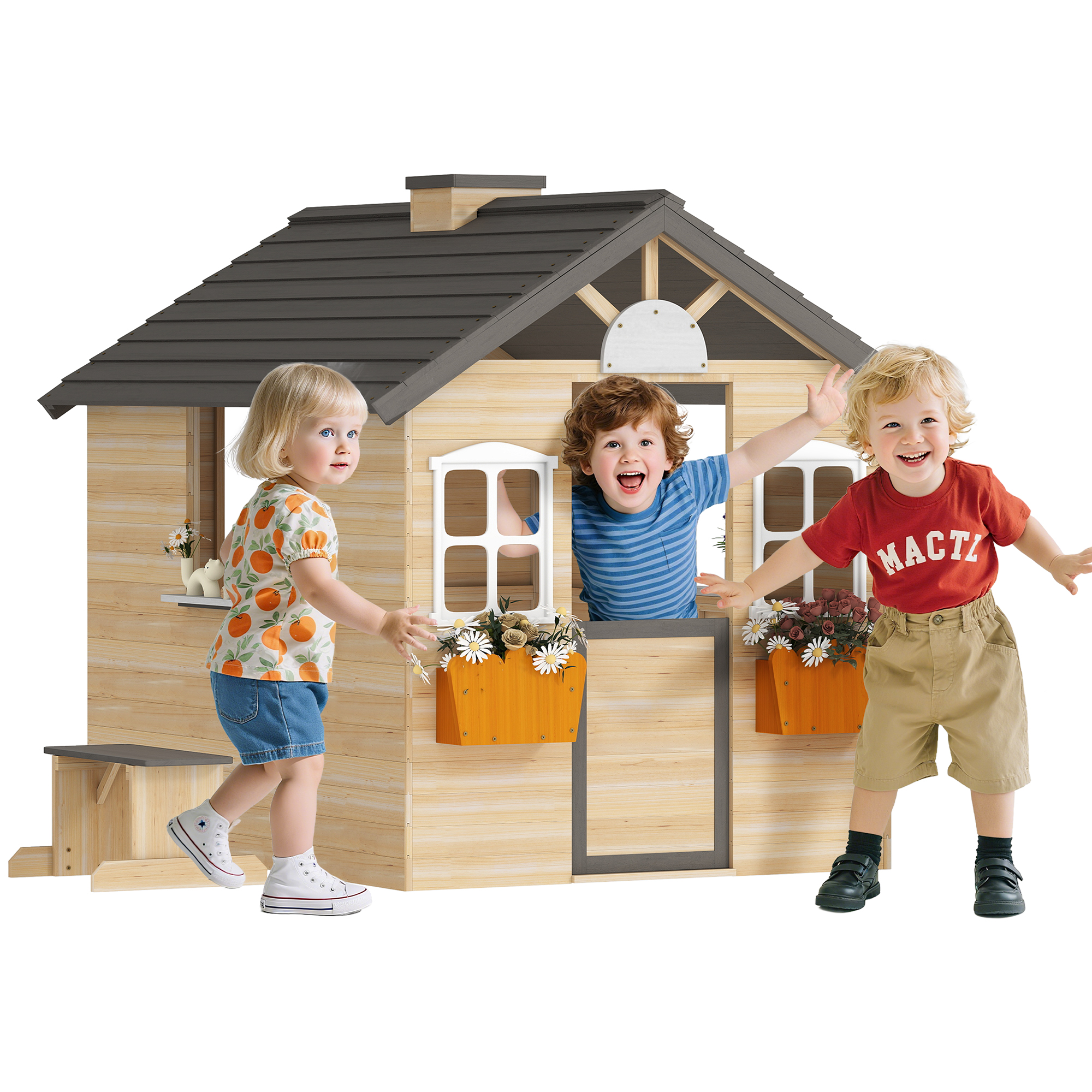 Outsunny Spielhaus für Kinder aus Holz, Gartenspielhaus mit Fenster und Briefkasten, Blumentopfrack, ideal für 3-7 Jahre   Aosom.de